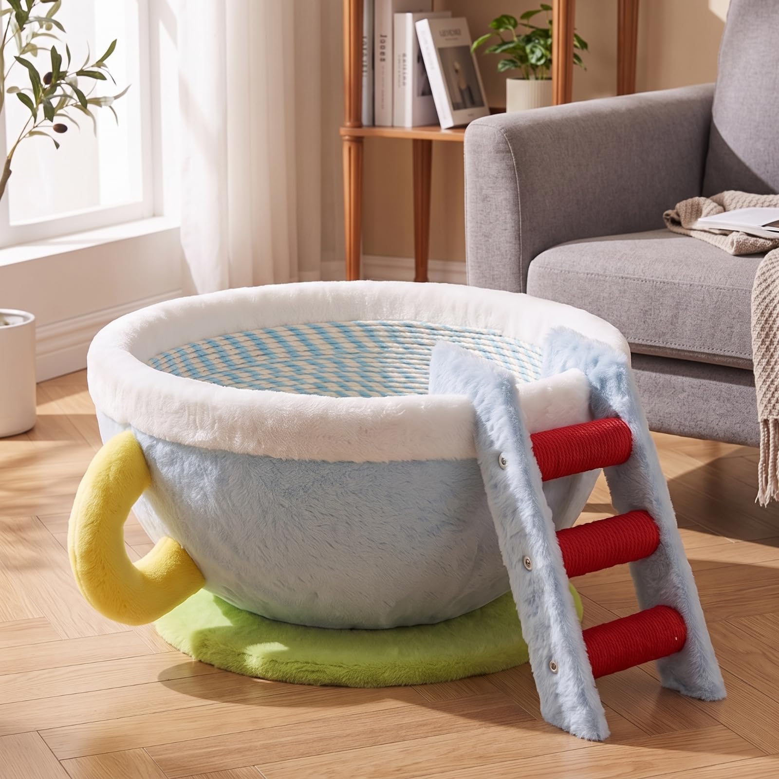 kowaku Griffoir Lit Tasse Corbeille Bol Confort Grattoir Texturé Moelleux en Peluche et Sisal Facile à Déplacer Adapté au, 40 40 21cm, Tasse À Café Bleue - Échelle en Corde Enroulée