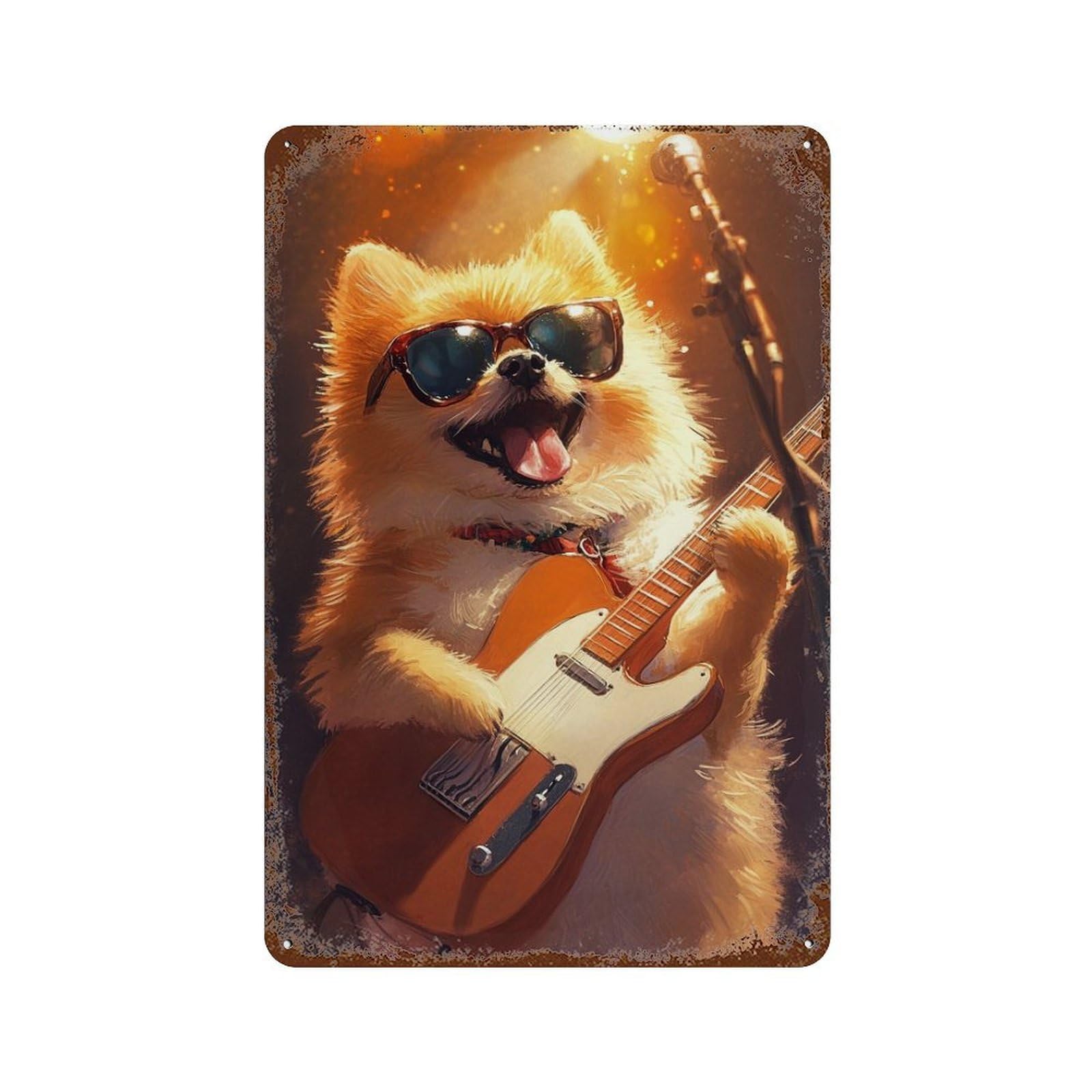Pomeranian Playing Guitar 11.8"x7.9" Aged Metal Wall Plaque, Classic Wall Plaque for Basement, Hobby Room And Garage Decor