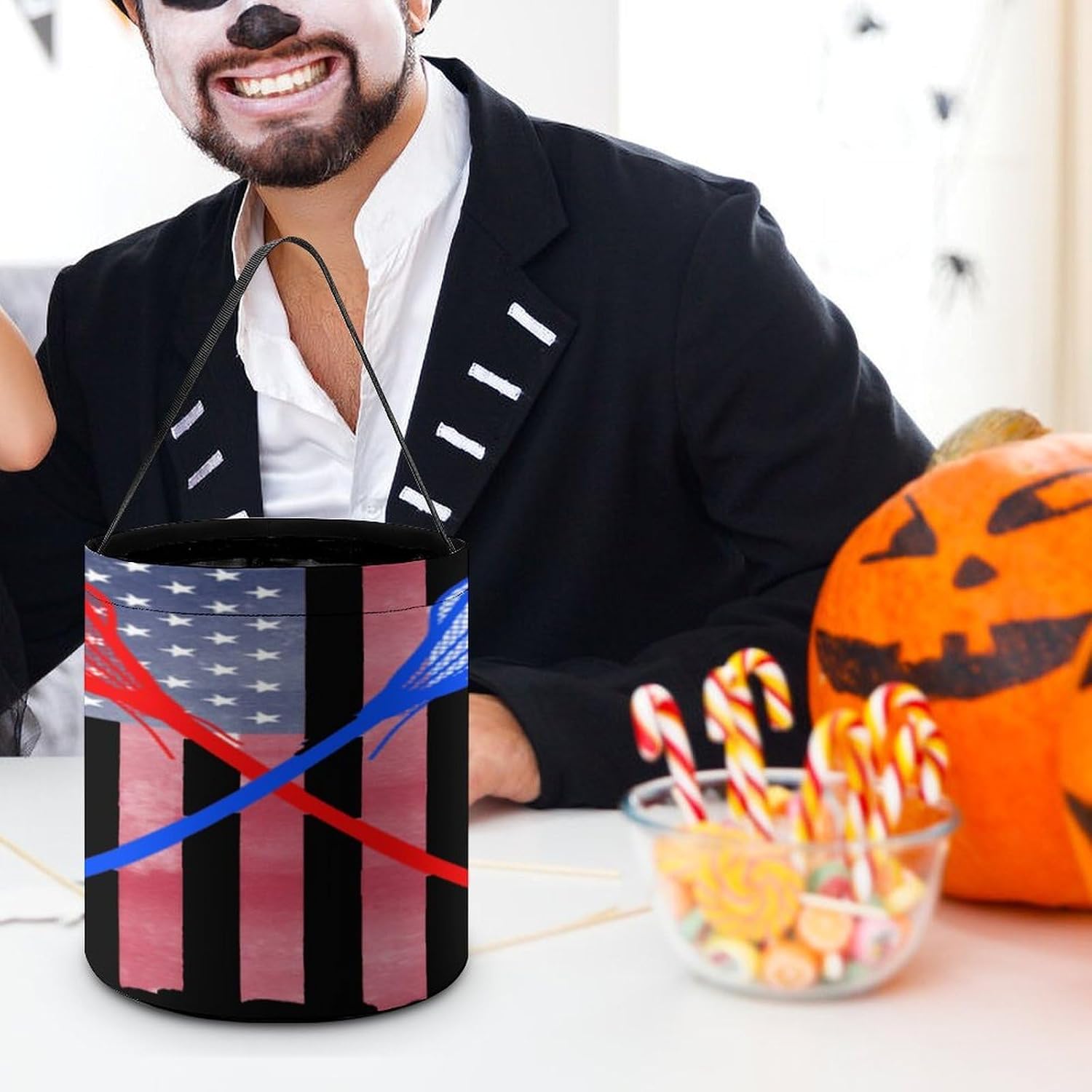 Lacrosse U.S.A Flag Halloween Treat Bag Reusable Candy Basket Tote Goody Bags Gift Party