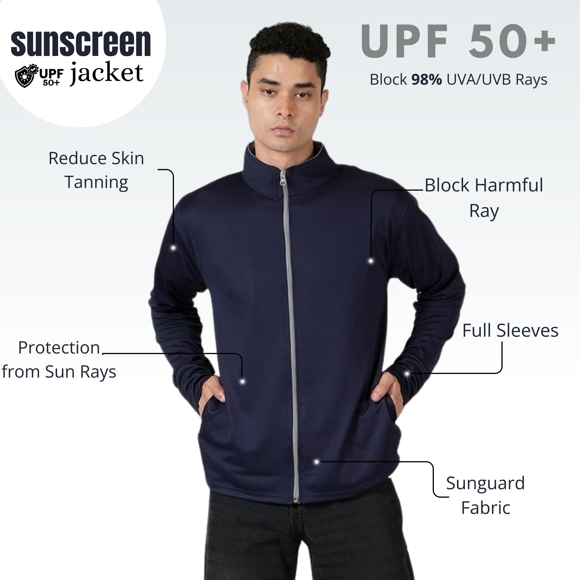 MIA FASHION Summer Jacket with UV Protection UPF 50+ for Men Anti-Tan & SPF 50+ Sun Protection |Lightweight & Breathable Coolrush Jacket for Cycling & Bike Rider (IN, Alpha, M, Regular, Navy Blue)