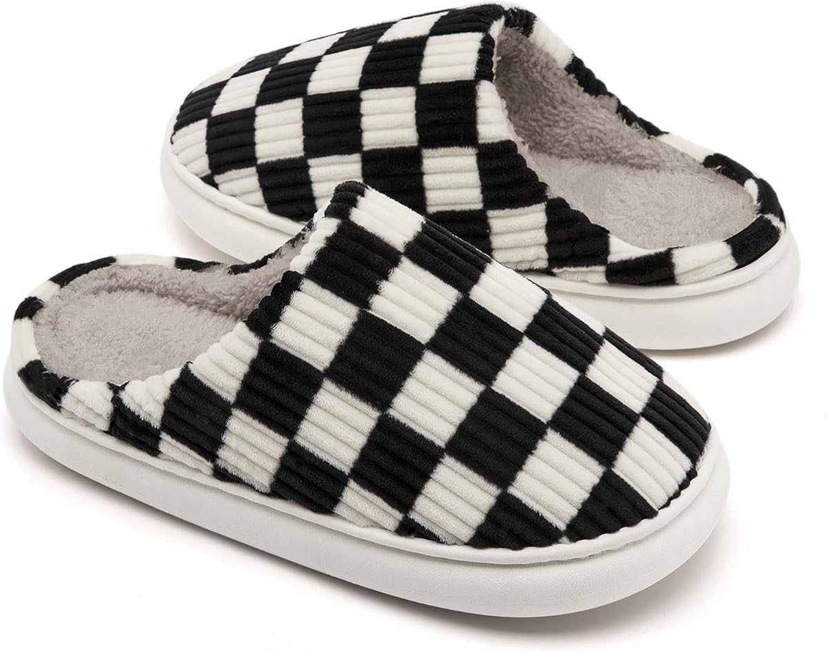 Zapatillas de casa para mujer y hombre, a cuadros difusos para hombre y mujer, zapatos de casa de espuma viscoelástica cálida para interiores y exteriores con forro de piel sintética