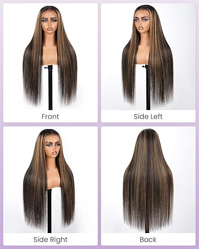 Miniatura 5 de Pelucas de cabello humano real con nudos blanqueados con reflejos y encaje frontal, densidad del 220%, balayage, sin pegamento, pelucas de cabello