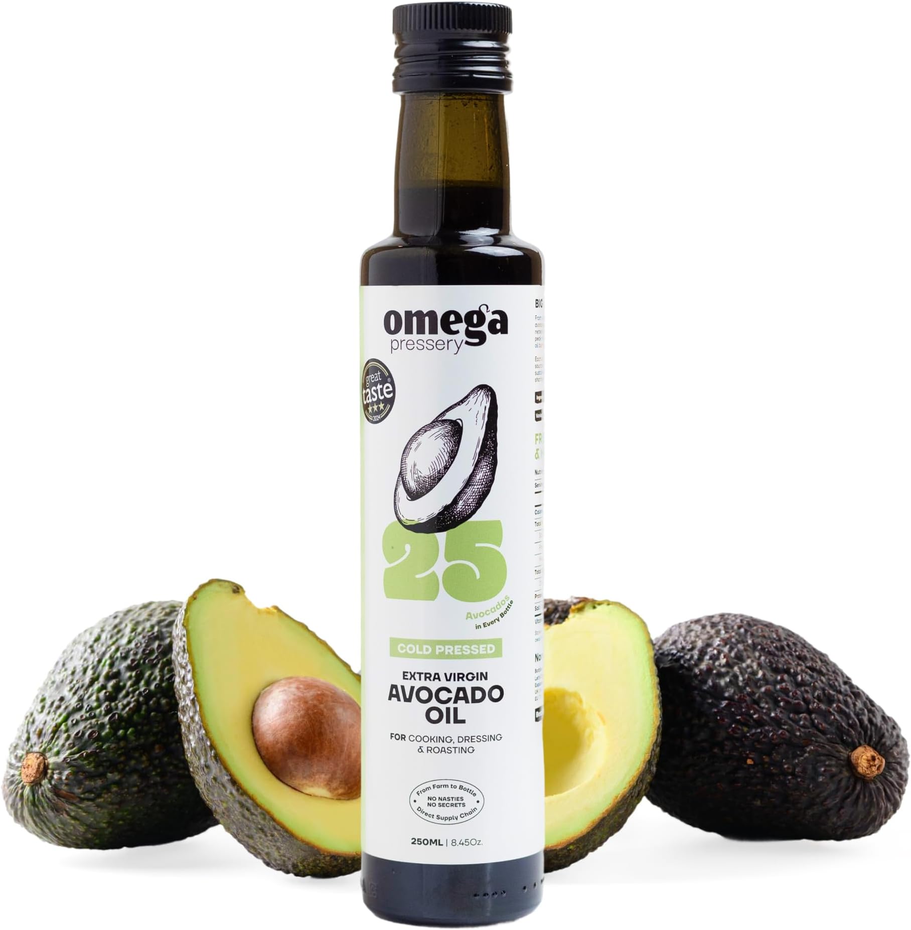 Omega Pressery Premium Extra Virgin Avocado Oil for Cooking - 250ml | Cold Pressed, Unblended, Unrefined | High Smoke Point 240°C | 3 Star Great Taste Award | Light Frying, Roasting, Baking & Dressing