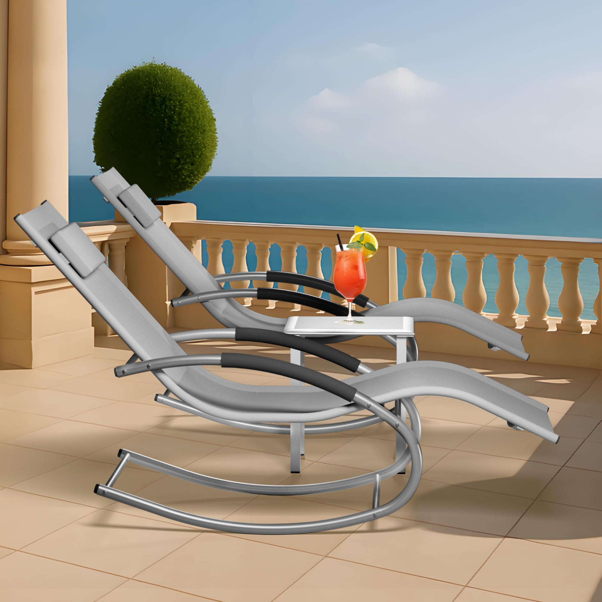 Garvee Conjunto de 2 Tumbonas de Jardín y Mesa Auxiliar, Muebles de Exterior de Hierro Transpirable con Almohadas, Hamacas Reclinables para Terraza, Patio, Balcón y Piscina, 190x58x30 cm Gris