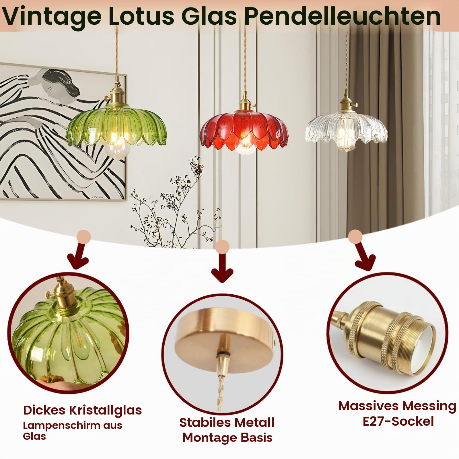 Vintage Glas Pendelleuchte Mit Lotus Blume Lampenschirm, Messing E27-Fassung Mit Schalter, Eleganter Glas Hängelampe für Kücheninsel,Esstisch & Wohnzimmer (Klar)