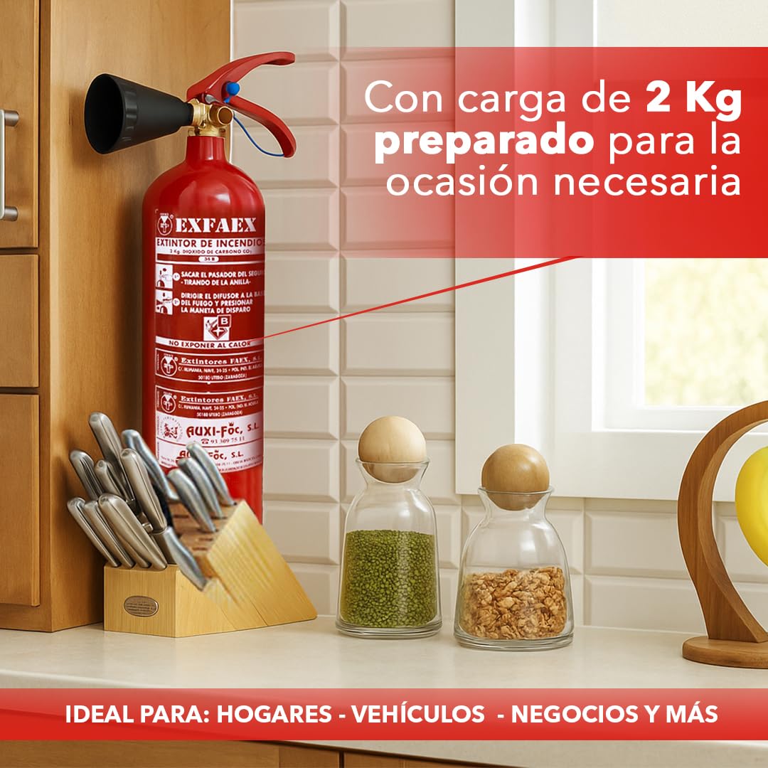 AUXI-FOC | Extintor de gas CO2, 2Kg | Ideal para Cocina, Coche, Hogar, Oficina o Taller | Extintor de Coche o Casa Compacto y Seguro | Extintor Fiable | Extintor de Incendios Potente y Eficaz.