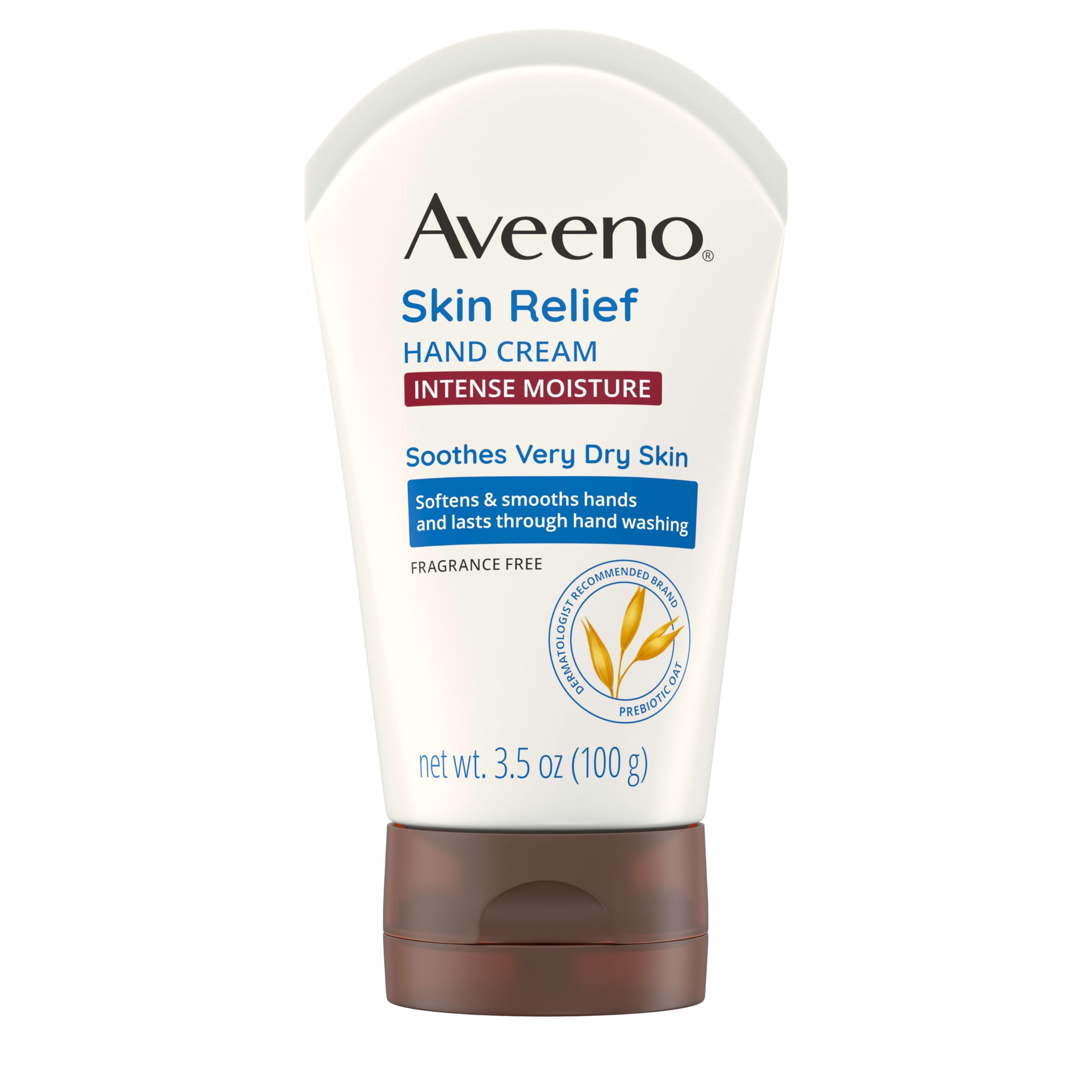 Aveeno Skin Relief Intense Moisture Hand Cream with Soothing Prebiotic Oat for Dry Skin, Sensitive Skin Cream Softens & Smooths Hands & Lasts Through Hand Washing, Fragrance-Free, 3.5 oz