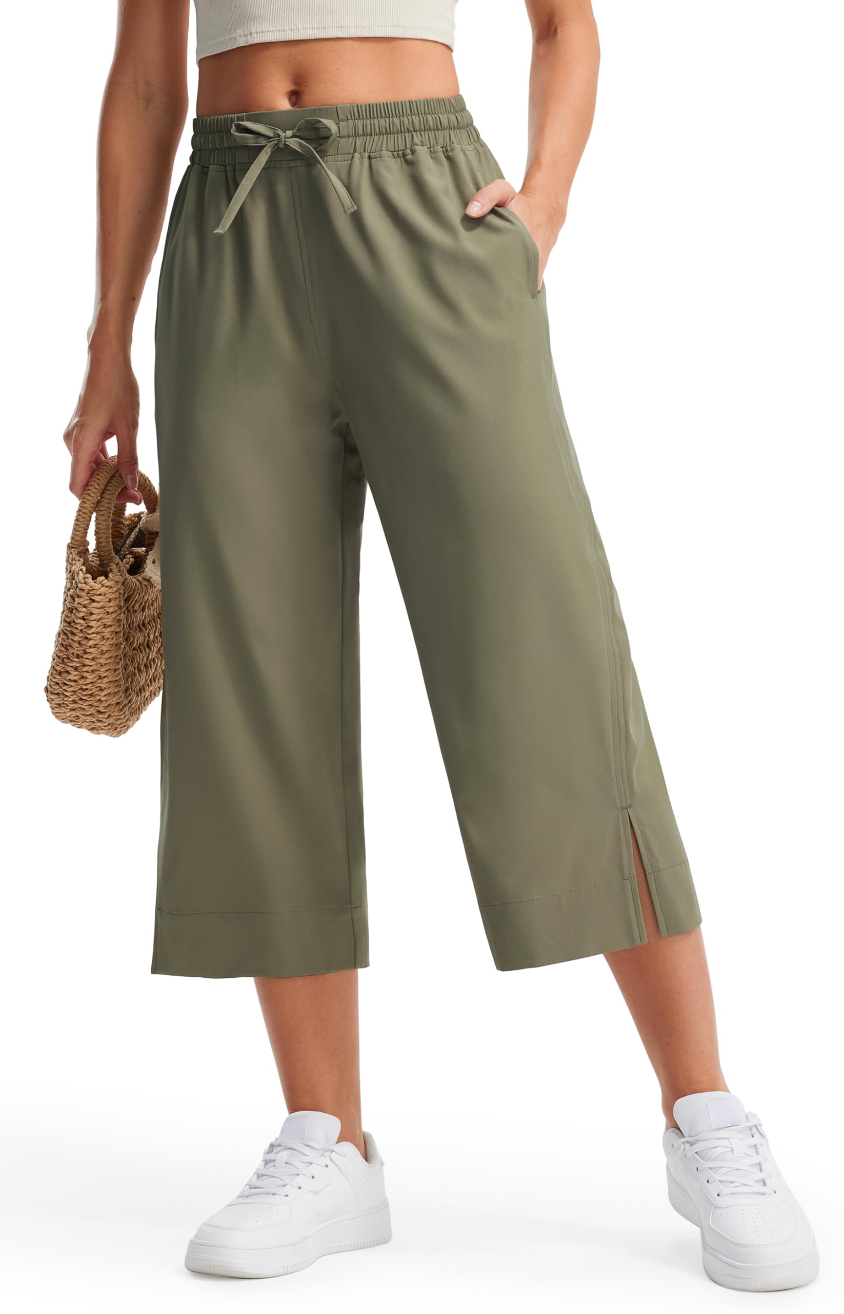 Libin Lightweight Wide Leg Capri Pants for Women High Waisted Quick Dry Casual Travel Pants Loose with Pockets Walking