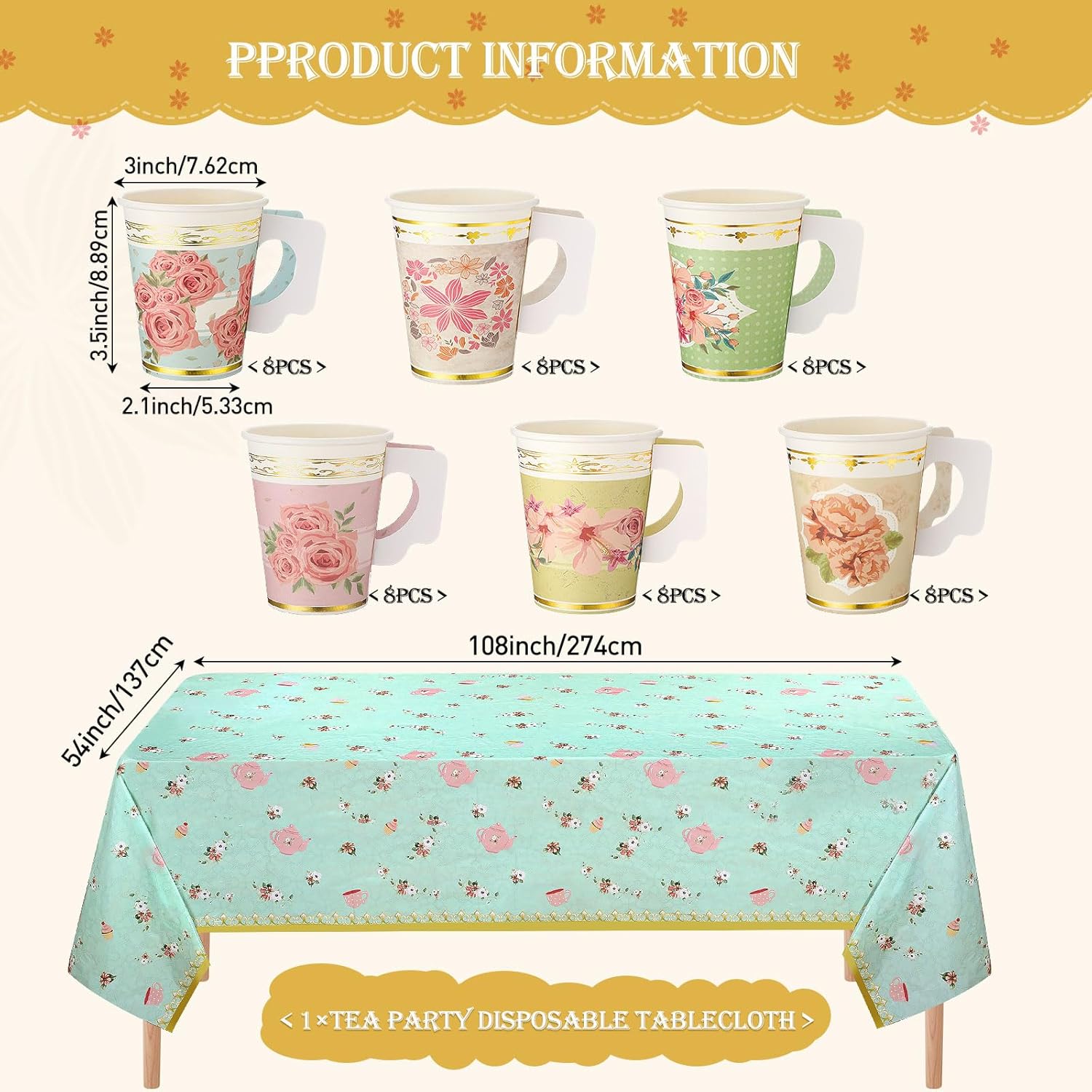 Yungyan 193 Pcs 48 Guests Tea Birthday Party Supplies Disposable Tableware Set 9 oz Paper Tea Cups with Handle, 7" 9" Paper Plates, Napkins, Tablecloth for Floral Party Wedding Baby Shower