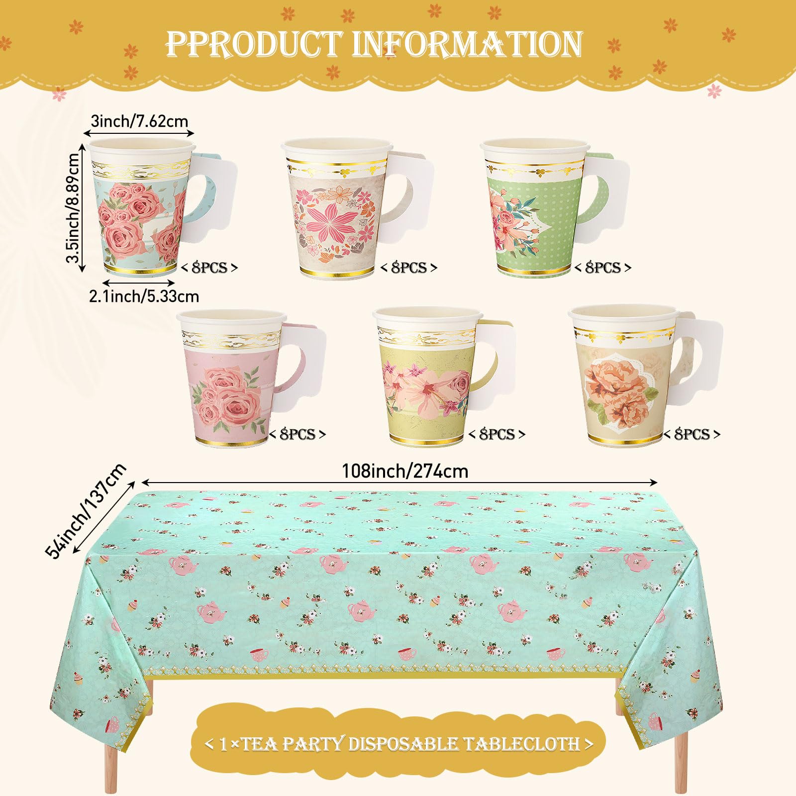 Yungyan 193-teiliges Einweggeschirr-Set mit 266 ml Pappbecher mit Griff, 17,8 cm 22,9 cm Pappteller, Servietten, Tischdecke für Blumen-Teeparty, Hochzeit, Geburtstag, 193-teilig