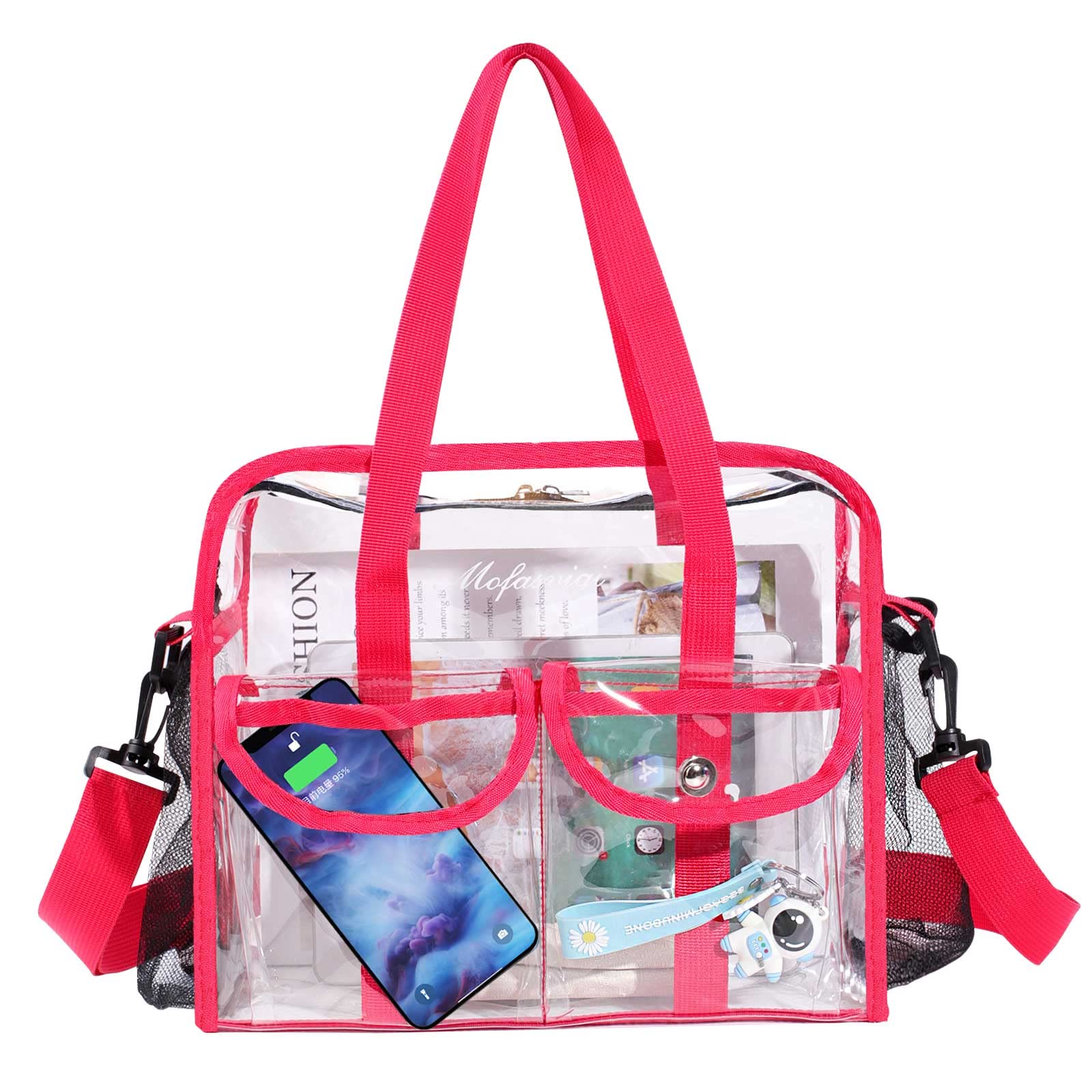 MOFASVIGI Grand sac fourre-tout transparent pour femme et homme, sac de courses en PVC transparent imperméable avec poignées pour stade, jeux sportifs, loisirs