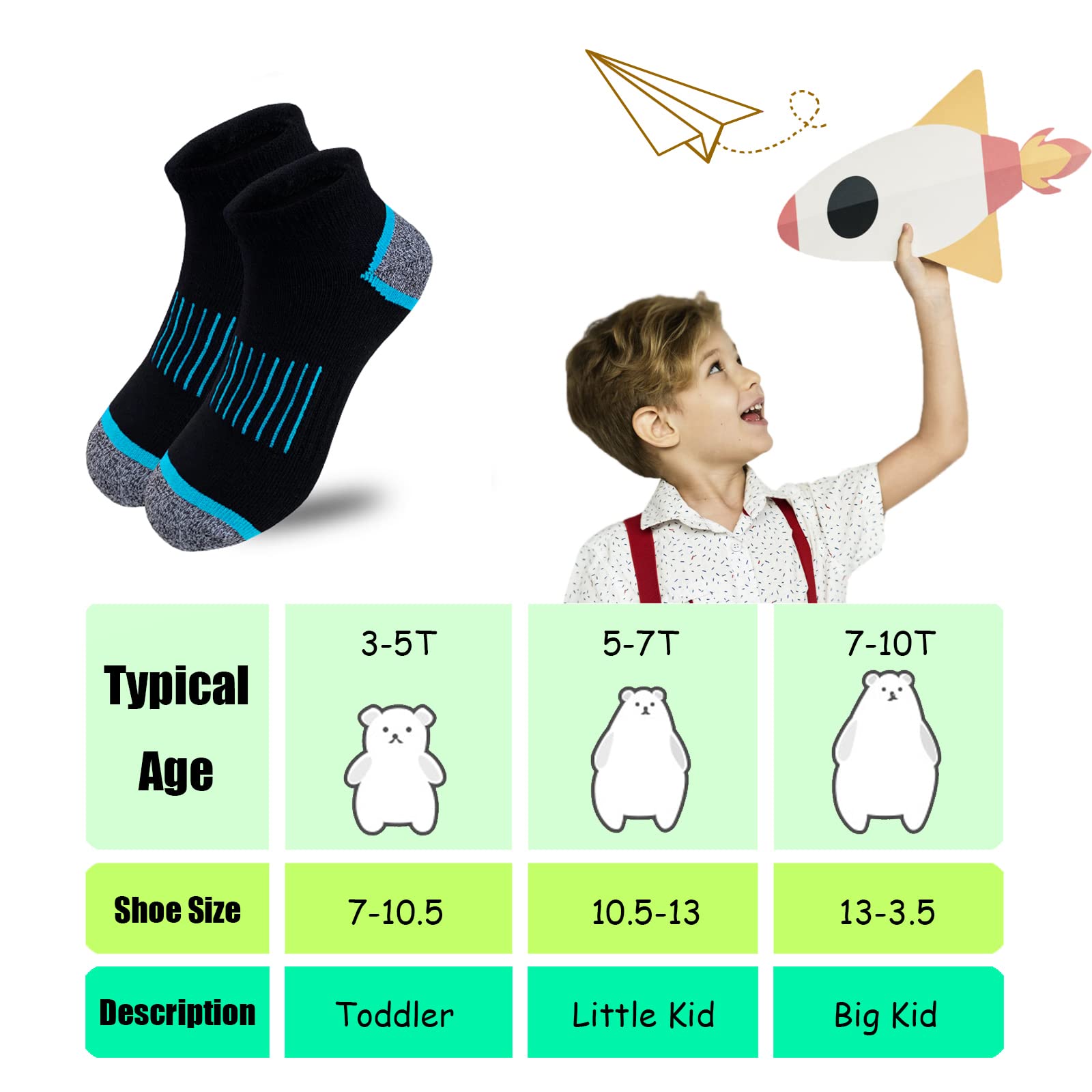 JAMEGIO Calcetines deportivos para niños, 12 pares de calcetines deportivos de corte bajo para niños pequeños y grandes