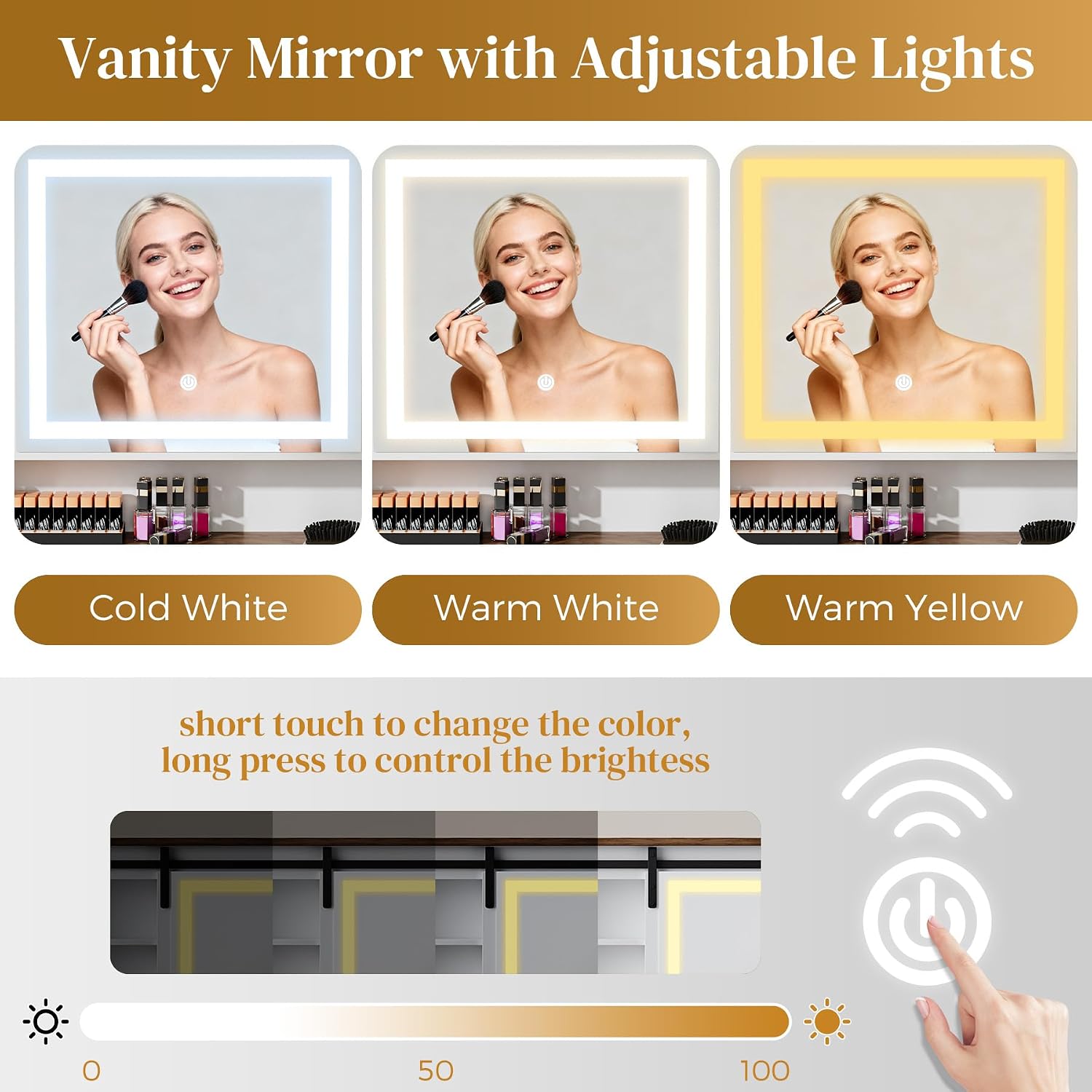 Farmhouse Makeup Vanity Desk with Mirror and Lights, Vanity Table with Power Outlet, 2 Drawers & Shelves, Rustic Makeup Vanity with Sliding Mirror for Women Bedroom, White