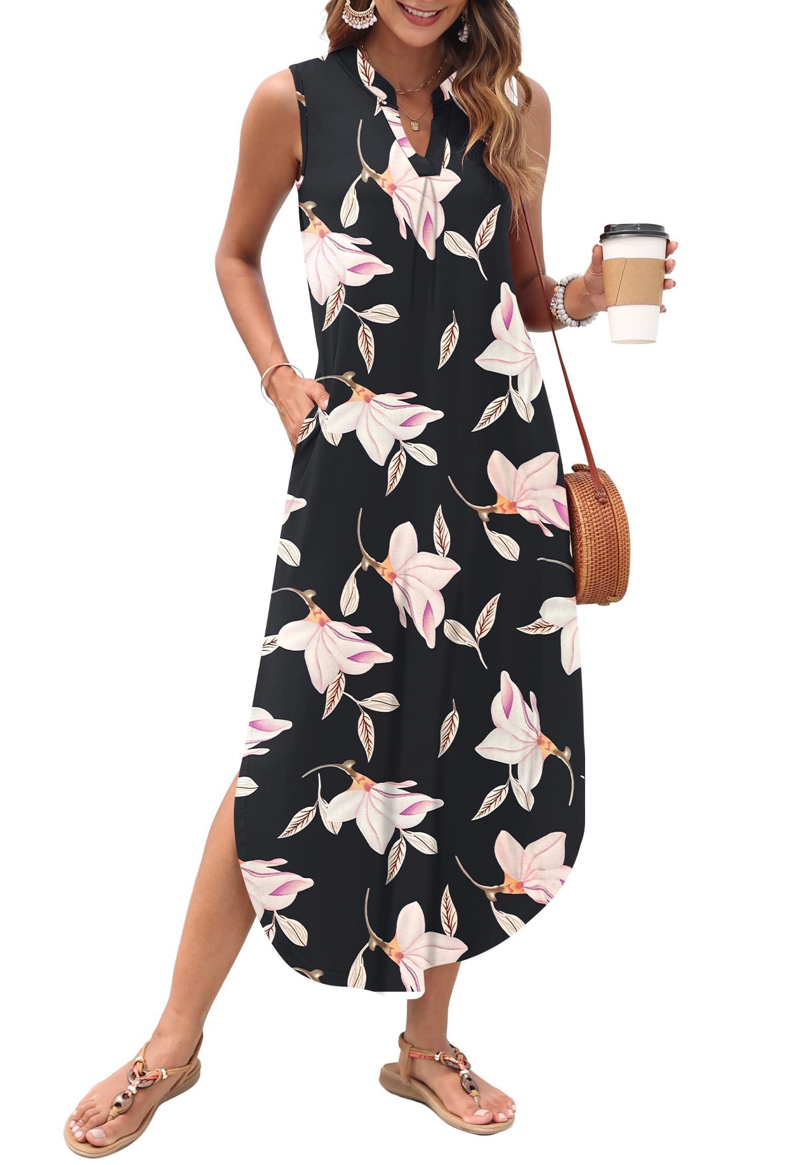 WNEEDU Women Summer Dress Maxi Casual Loose Beach Sundresses V Neck Sleeveless Dresses with Pockets