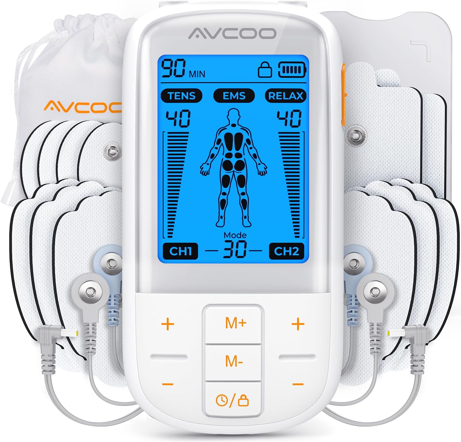 AVCOO 3-in-1 TENS Unit Muscle Stimulator with 30 Modes, 40 Intensities TENS Machine for Gradual Back Pain Relief Therapy, Rechargeable EMS Unit Massager with 12 TENS Electrode Pads, a Storage Bag