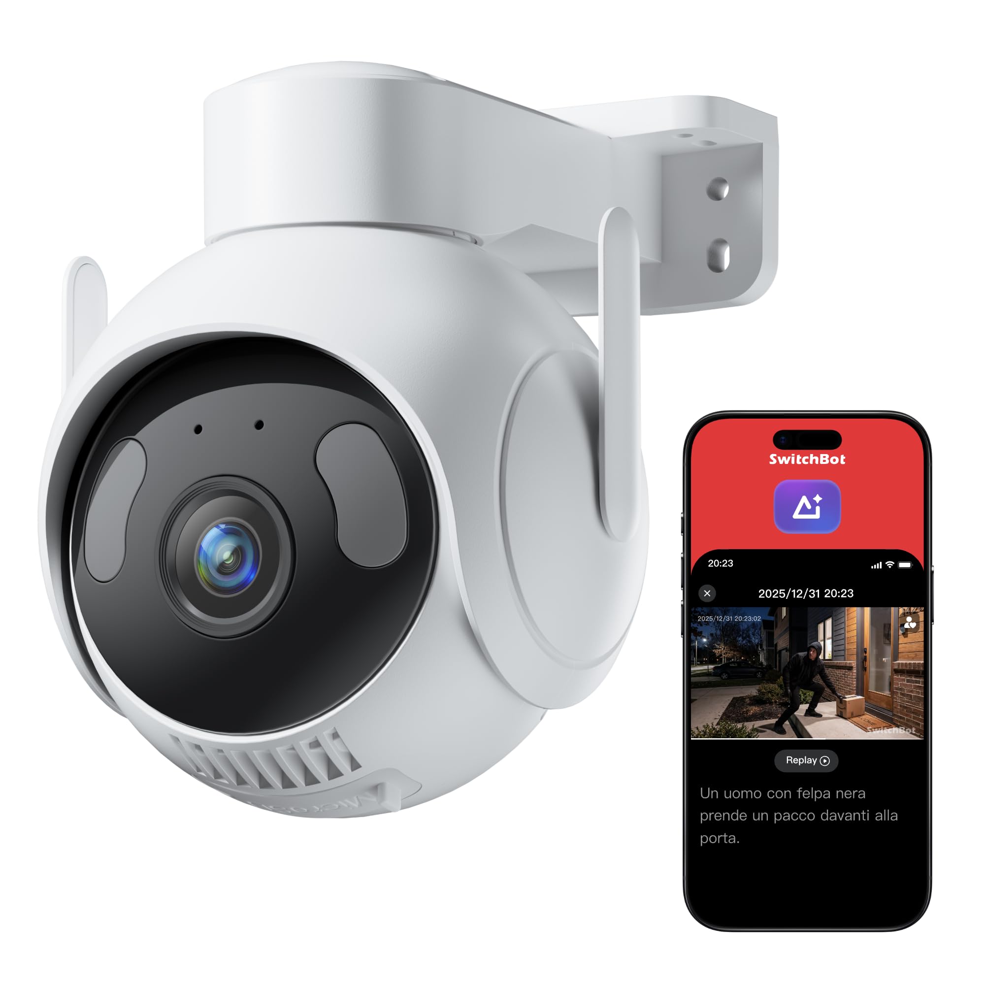 SwitchBot 3K Telecamera Da Esterno Wifi, Ricerca Video IA, Avvisi Scena e Report Giornalieri Attività, PTZ Tracciamento 360°, Wi-Fi 2,4 Ghz, Compatibile Alexa, Google Home e Home Assistant Via RTSP