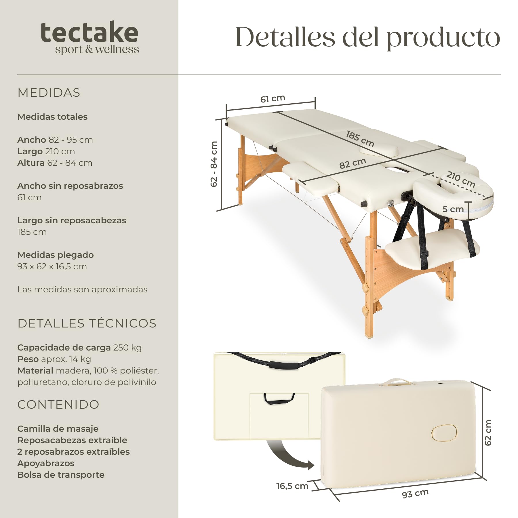 tectake® Camilla Masaje Plegable, Camilla Estética Profesional de Aluminio, Camilla Profesional para Fisioterapia, Quiromasaje, Tatoos, Reiki, Altura Ajustable, 2 Zonas, con Bolsa Transporte - Beige