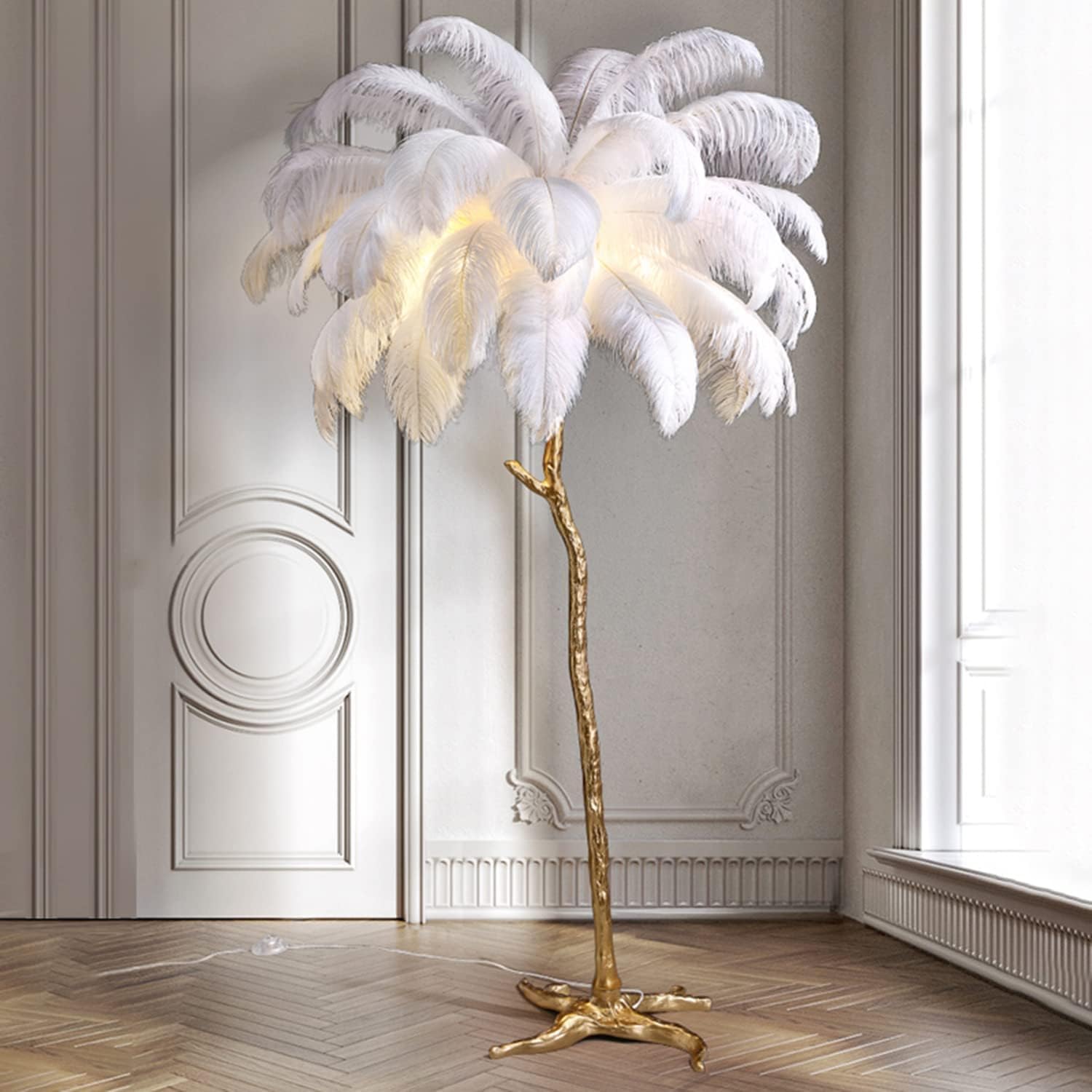 Naturalna lampa podłogowa ze strusich piór, nowoczesna lampa stojąca LED z możliwością ściemniania, romantyczna lampa do czytania księżniczki do salonu i sypialni, złoty korpus lampy, 80x75c