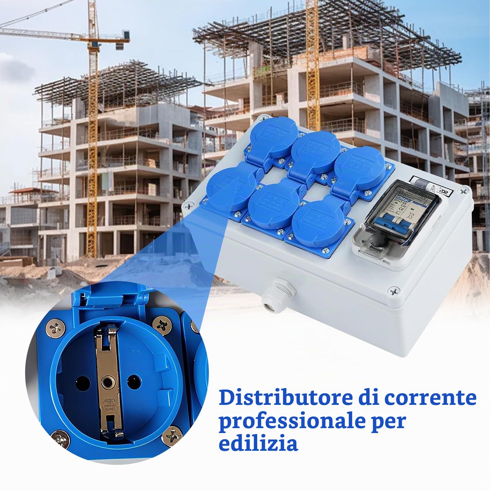 Cofanetto Elettrico di Cantiere 250V, 16A Distributore a Parete con Interruttore Automatico, 6 Prese, IP54 Impermeabile, Distribuzioni di Corrente Cantiere di Costruzione per Interni ed Esterni