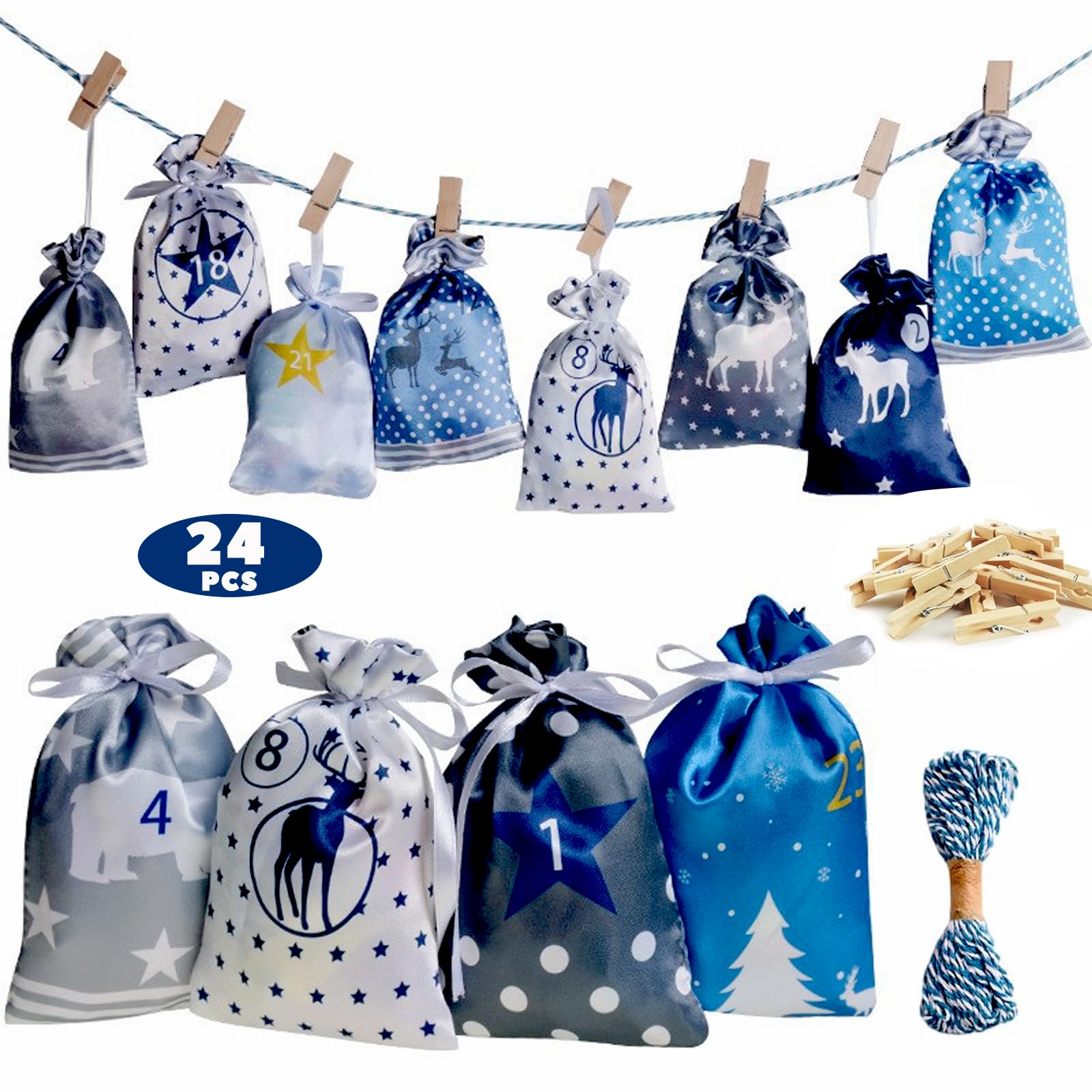 Decorazione Natale Personalizzata Calendario Dell'Avvento Fai Da Te - 24 Sacchetti Natalizi Con Numeri E Clip In Legno Per Regali Decorazione Natale Iuta - 2