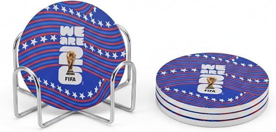 Officially Authorized FIFA World Cup 2026 Edition USA 5 pc Coaster Set & Chrome Holder Ceramic Top and Cork Bottom Durable and Perfect for Coffee Tables, Bars, and Desks