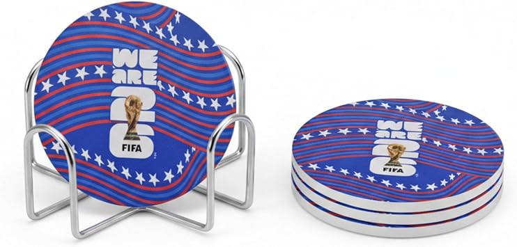 Officially Authorized FIFA World Cup 2026 Edition USA 5 pc Coaster Set & Chrome Holder Ceramic Top and Cork Bottom Durable and Perfect for Coffee Tables, Bars, and Desks