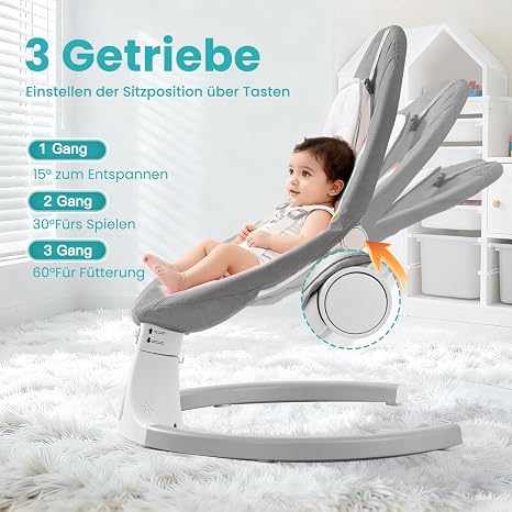 Electric Baby Rocker Baby Swing Indoor Bluetooth 5 Swing Speeds 3 Angle Positions Remote Control & Touch Screen Electronic Baby Rocker with Removable Tray Mosquito Net Grey