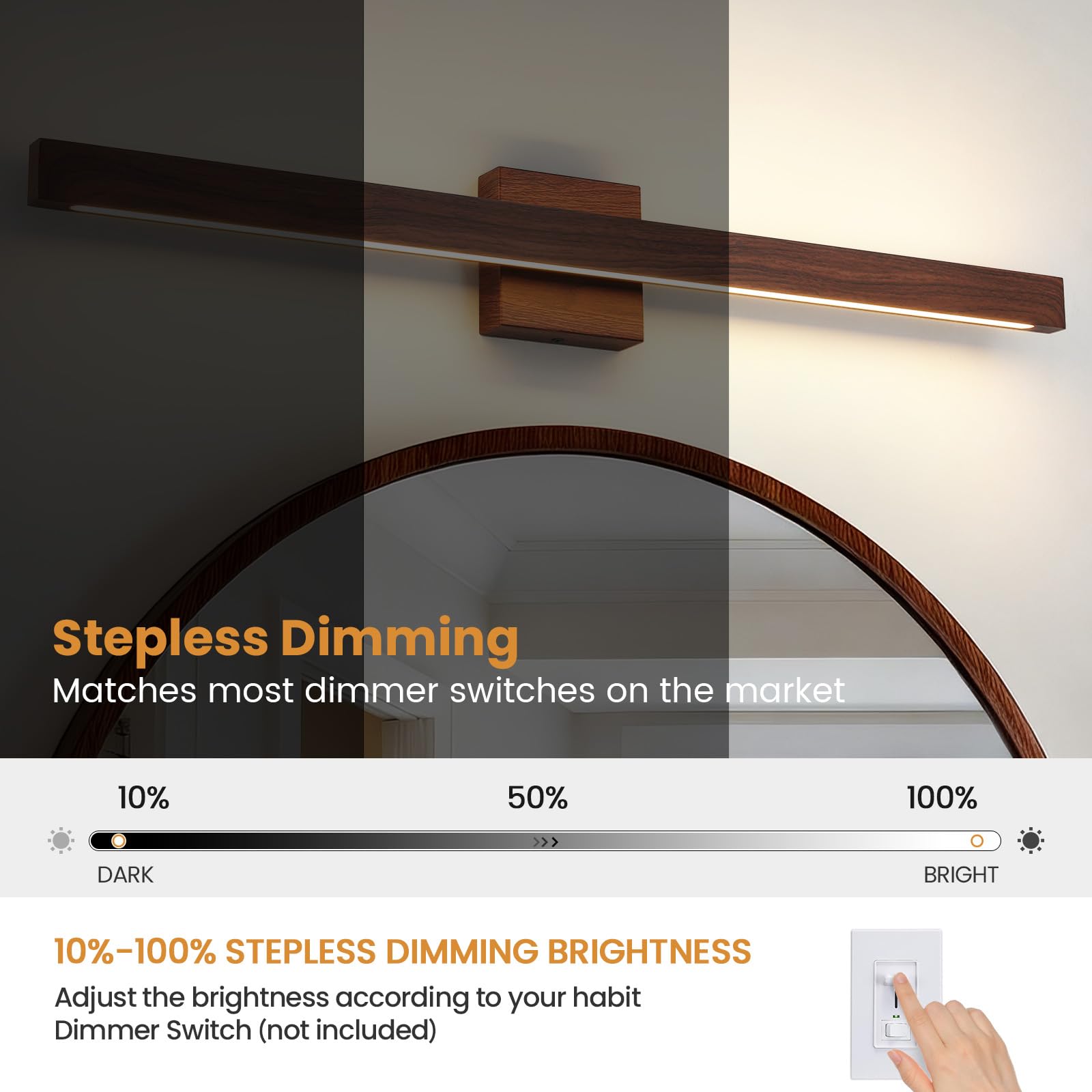 Moderna lampada da bagno sopra lo specchio, 81 cm, finitura in legno marrone, barra luminosa da 26 W, dimmerabile, 5 CCT, luci LED per illuminazione da parete del bagno sopra lo specchio