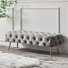 Velvet Bedroom Bench with Gold Metal Legs, Tufted Upholstered End of Bed Bench, Indoor Benches for Entryway Dining Living Room Window, Accent Ottoman Bench long Seat Foot Rest Stool  Color Gray , S