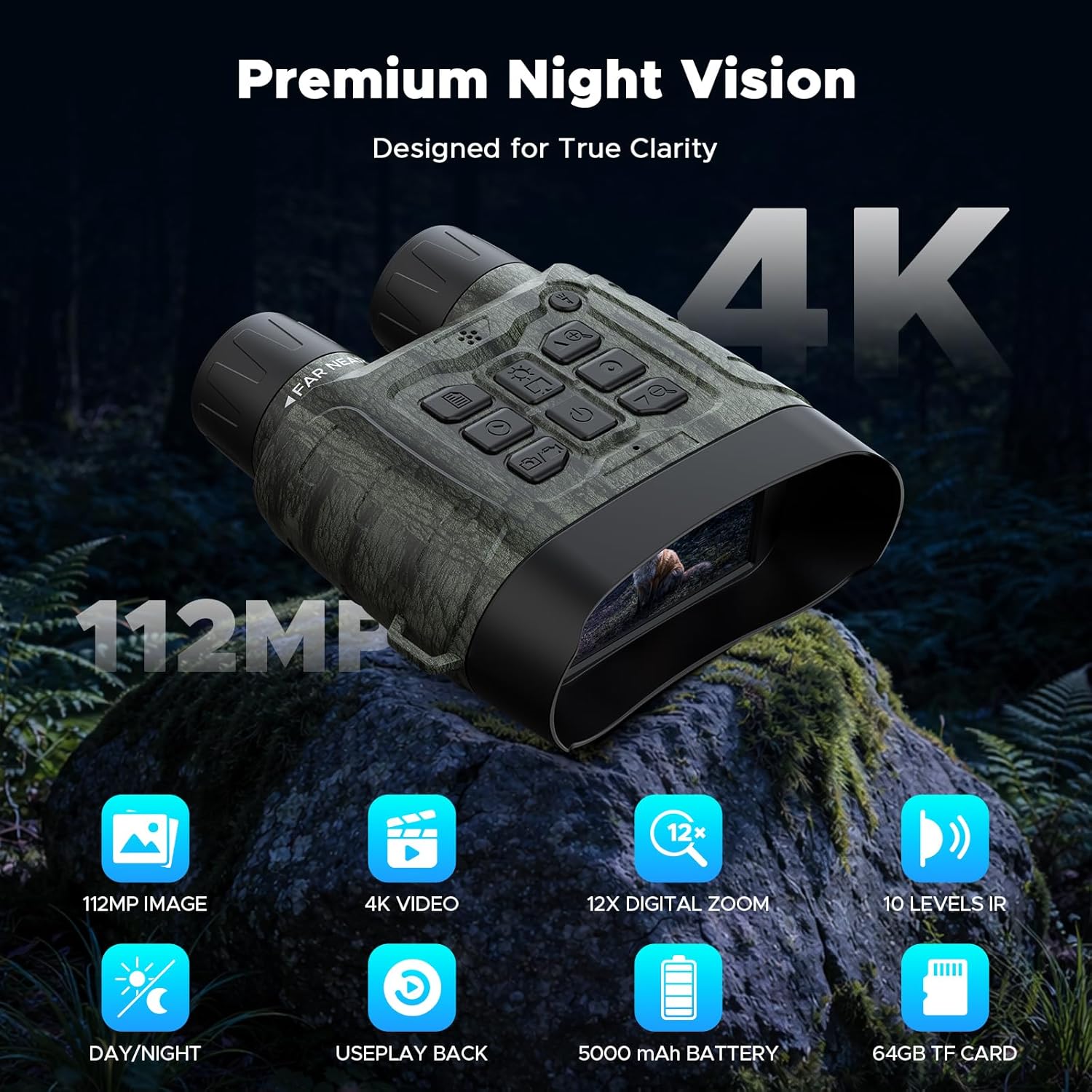 Night Vision Binoculars - 112MP 4K Night Vision Goggles, 5000mAh Battery & 64GB Card, 1500FT Range, Tactical Flashlight for Wildlife Hunting, Camping, Outdoor Adventure, Security Surveillance