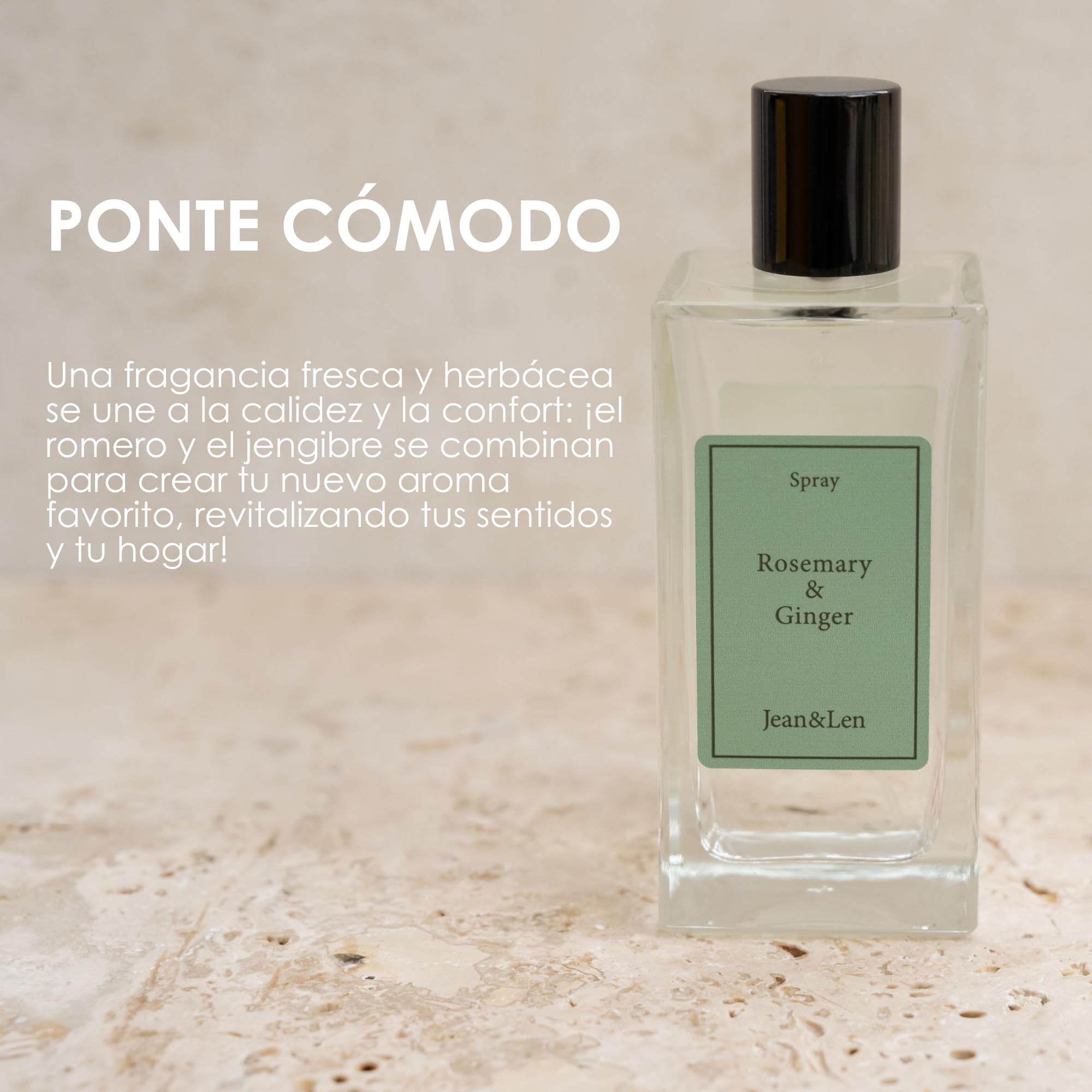 Jean & Len Spray ambientador Rosemary & Ginger, en un frasco de vidrio sencillo, para un aroma especiado y fresco, spray ambientador, aroma unisex a romero y jengibre, vegano, 100 ml