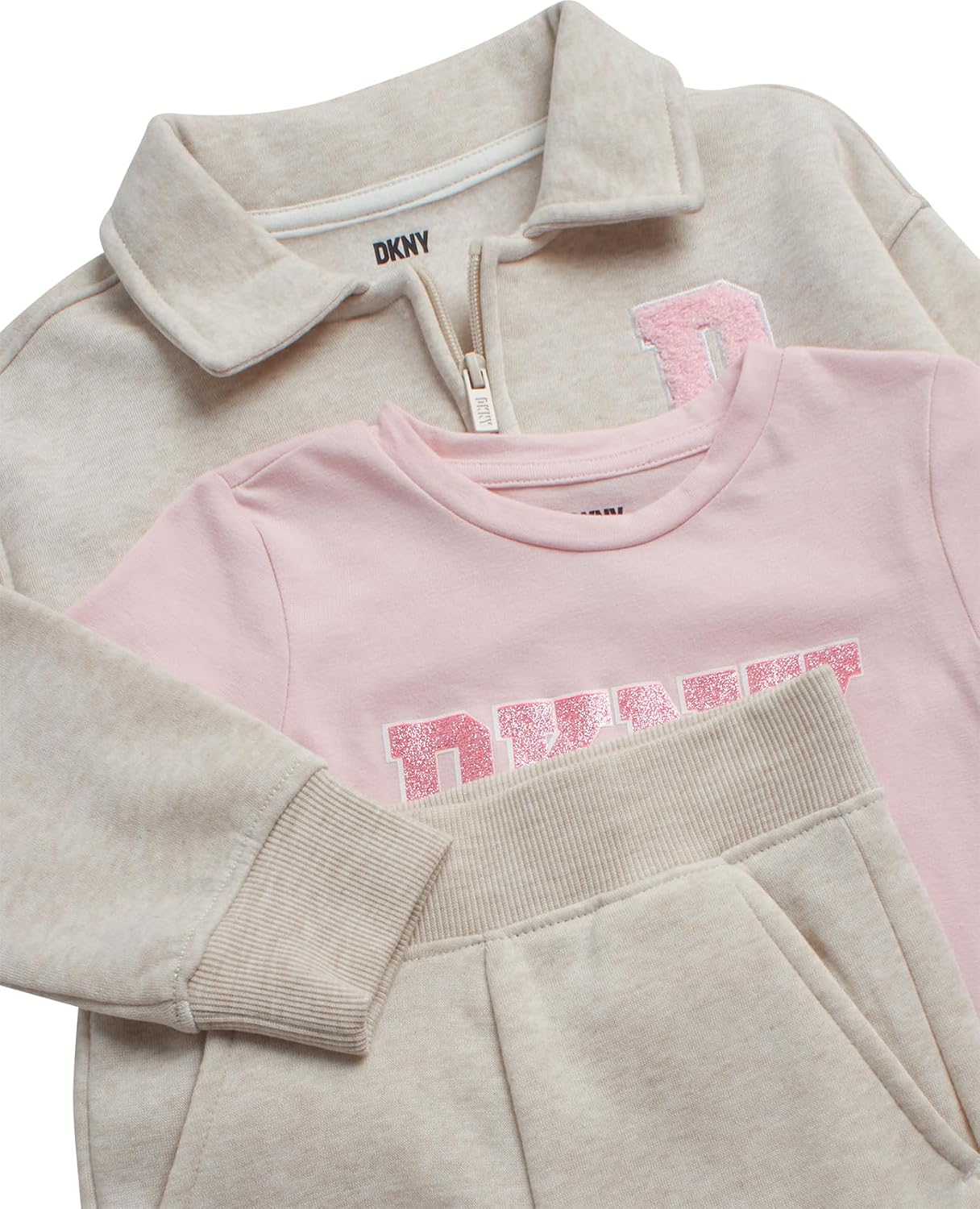 DKNY Toddler Girls Pants Set - 3 Piece Girls Sweatsuit Set with Fleece Zip Up Hoodie, Jogger Sweatpants & Graphic Tee Shirt