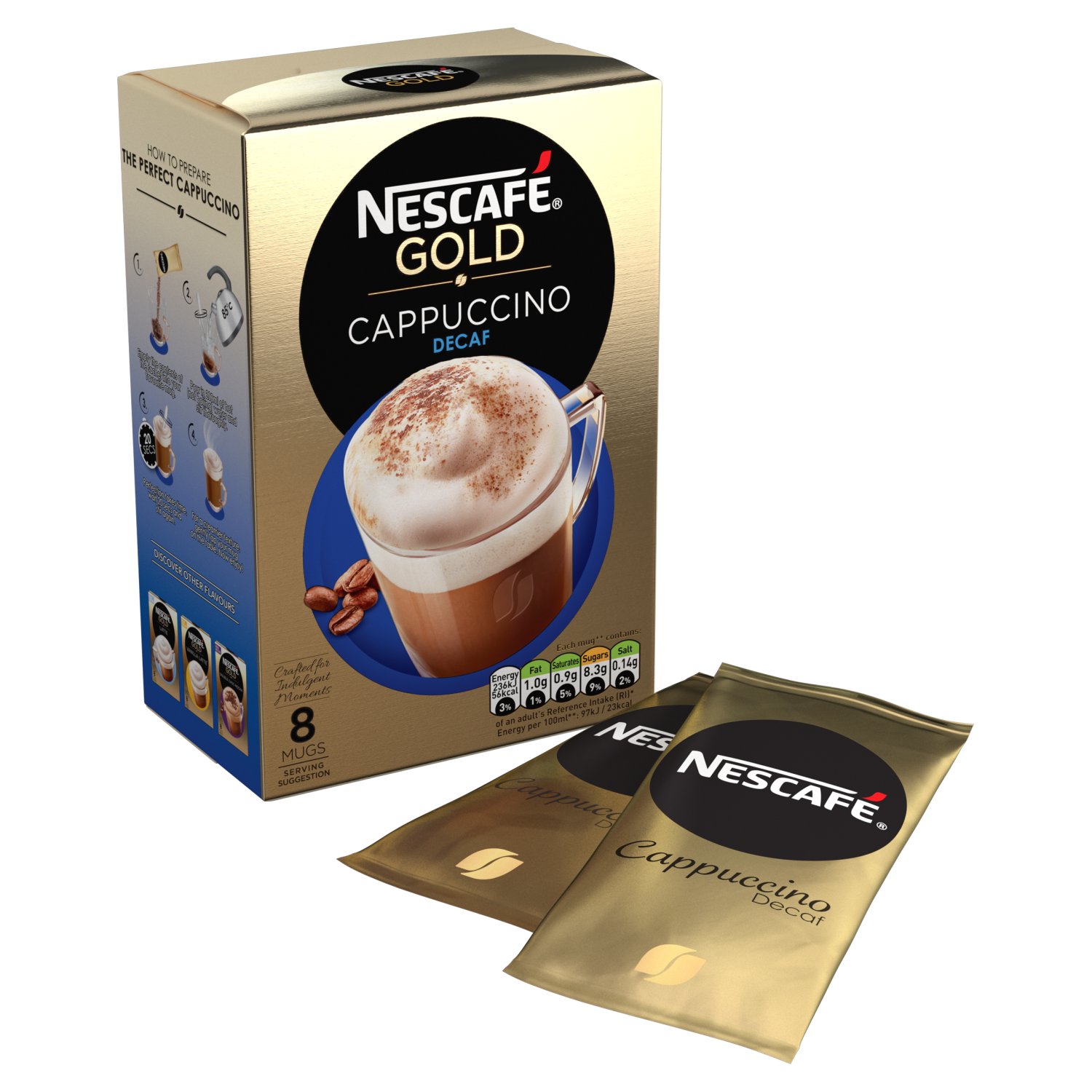 Nescafé Gold Cappuccino Decaf, 8 Sachets x 15 g Pack of 6, Total 48