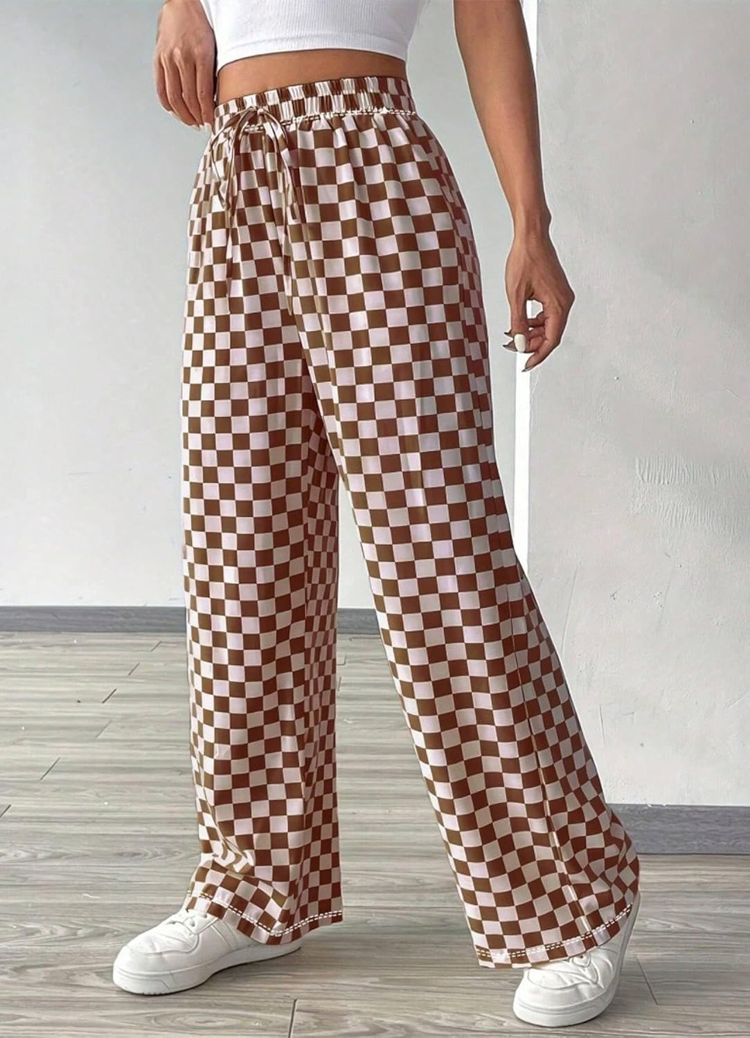 Women's Casual Checkered Pants Drawstring Elastic Waist Comfy Loose Straight Wide Leg Plaid Pants with Pockets - Image 3