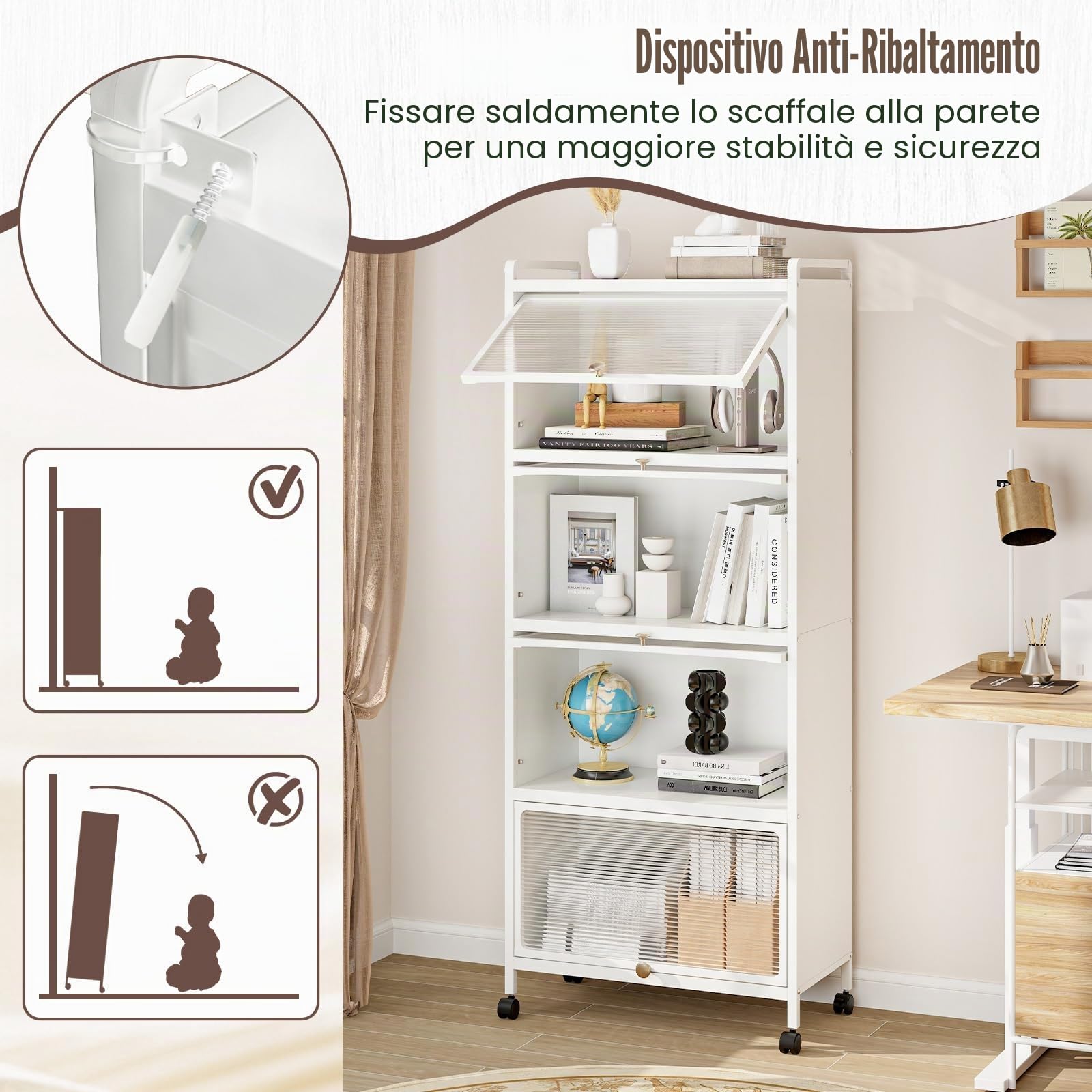 GIANTEX Credenza Cucina a 5 Livelli, Scaffale da Cucina in Piedi su Ruote, Mobile Cucina Dispensa con Ante in PC, con Protezione Antiribaltamento, 60 x 32 x 154 cm, 3 Colori (Bianco)