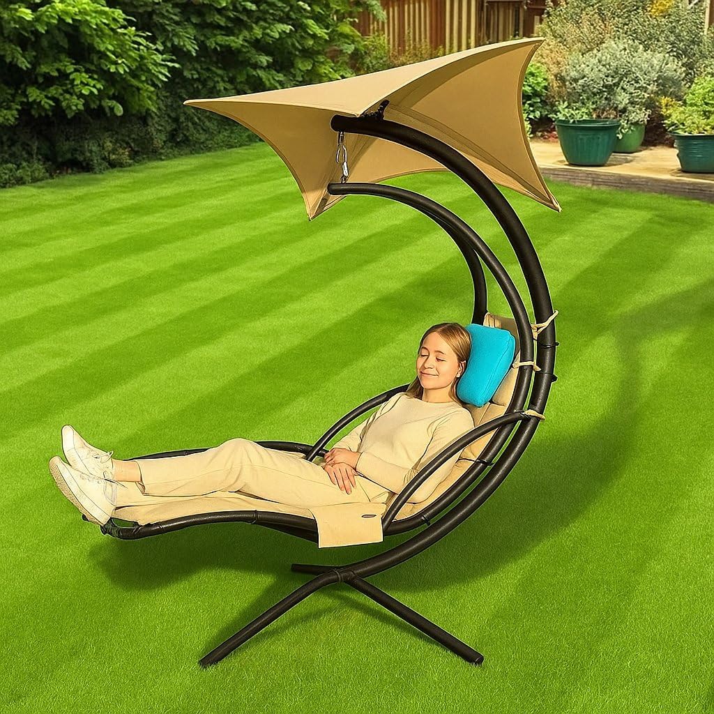 Replacement Cover for Outdoor Hanging Lounge Chair Cushion (Cover Only), Waterproof, with Umbrella Fabric and Inflatable Headrest, Patio Curved Chaise Hammock Swing Lounger Cushion Cover （Khaki）