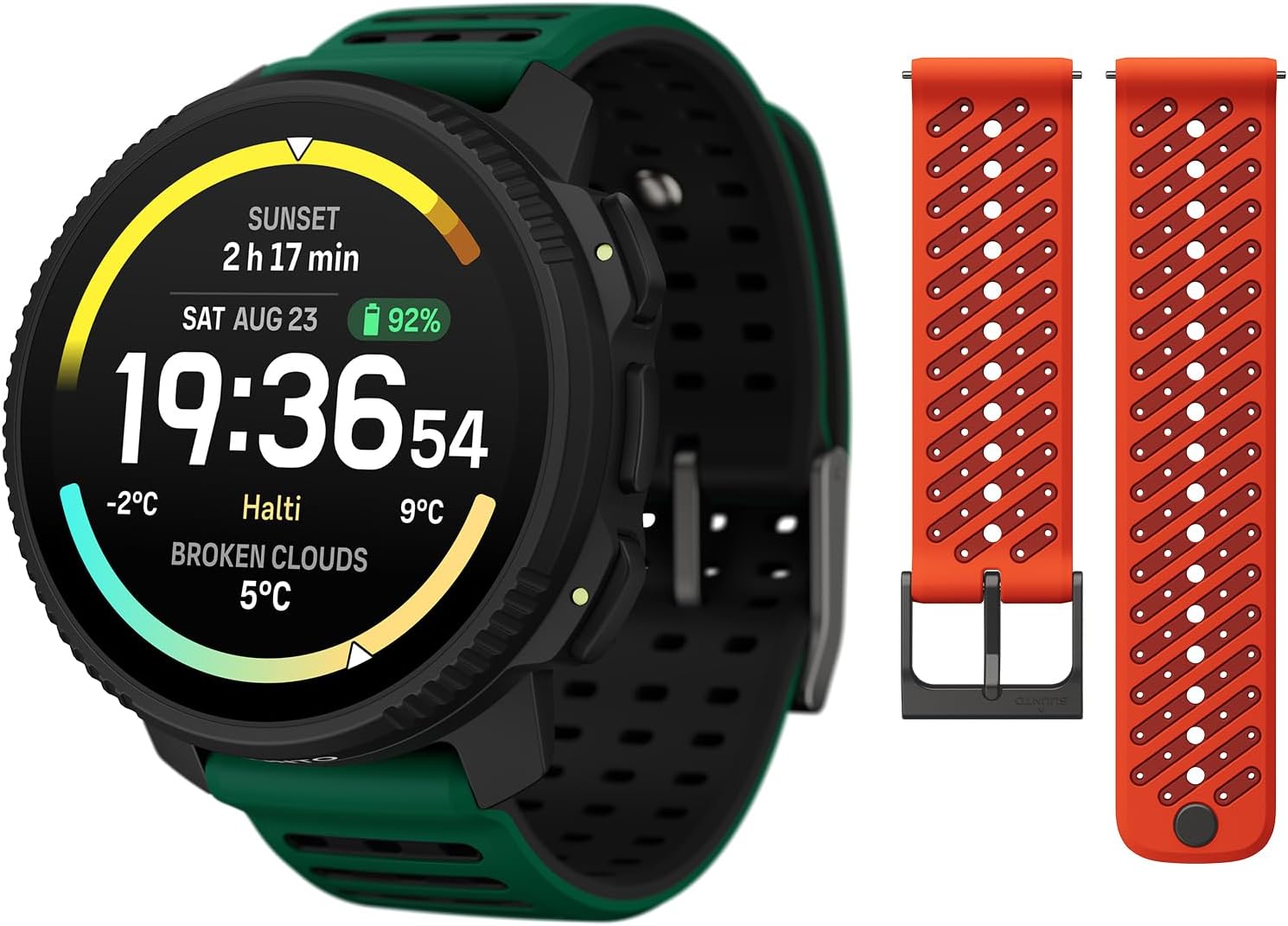 SUUNTO Vertical 2 GPS Sport Watch with 1.5” AMOLED Touchscreen, Pine Green & SUUNTO 22 ATH8 Silicone Strap Orange S+M