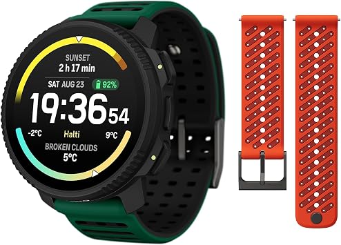 SUUNTO Vertical 2 GPS Sport Watch with 1.5 AMOLED Touchscreen, Pine Green & SUUNTO 22 ATH8 Silicone Strap Orange S+M