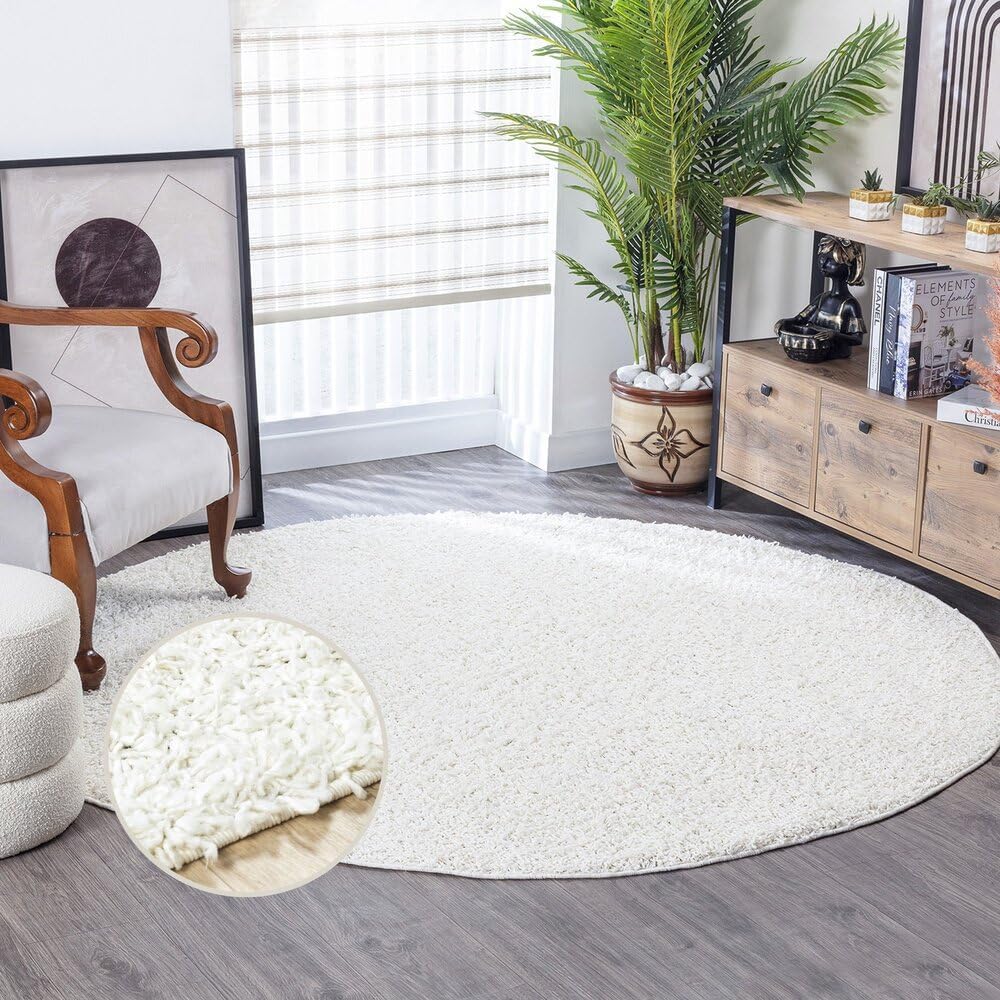 Livabliss Home Shaggy Rug - Modern Berber Rugs Living Room, Large 120 cm, Soft Shaggy Rugs for Bedroom - Neutral Boho Fluffy Rug, Easy Care Plush Thick Pile - White