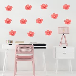 Decalcomania Hibiscus Flower Wall Decals - Set of 12 Pink Tropical Wall Stickers for Nursery Bedroom Bathroom Living Room Decor Removable Peel and Stick Indoor Wall Decor