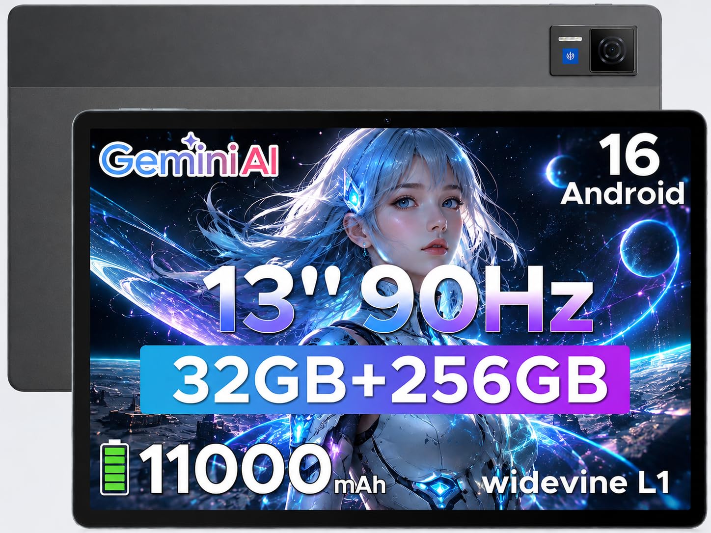 U13 Android 16 Tablet 13 Pollici, 32GB RAM+256GB ROM (2TB TF) 11000mAh Akku 18W Gaming Tablet, Unisoc T7280 Octa Core, 13MP/WidevineL1/ WiFi 5/Face ID/OTG/GPS/4 Altoparlanti/Gemini AI,Grigio