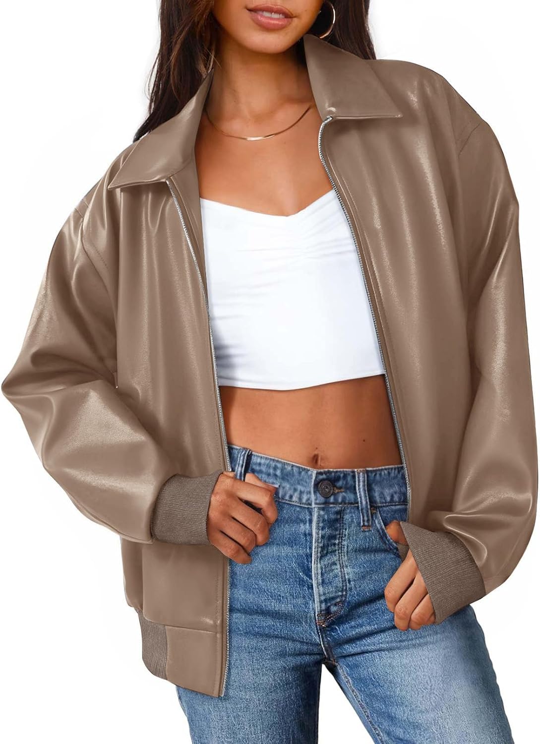 MEROKEETY Women's Oversized Faux Leather Jacket Fall Winter Zip Up Motorcycle Coats Fashion Outfits Clothes 2025