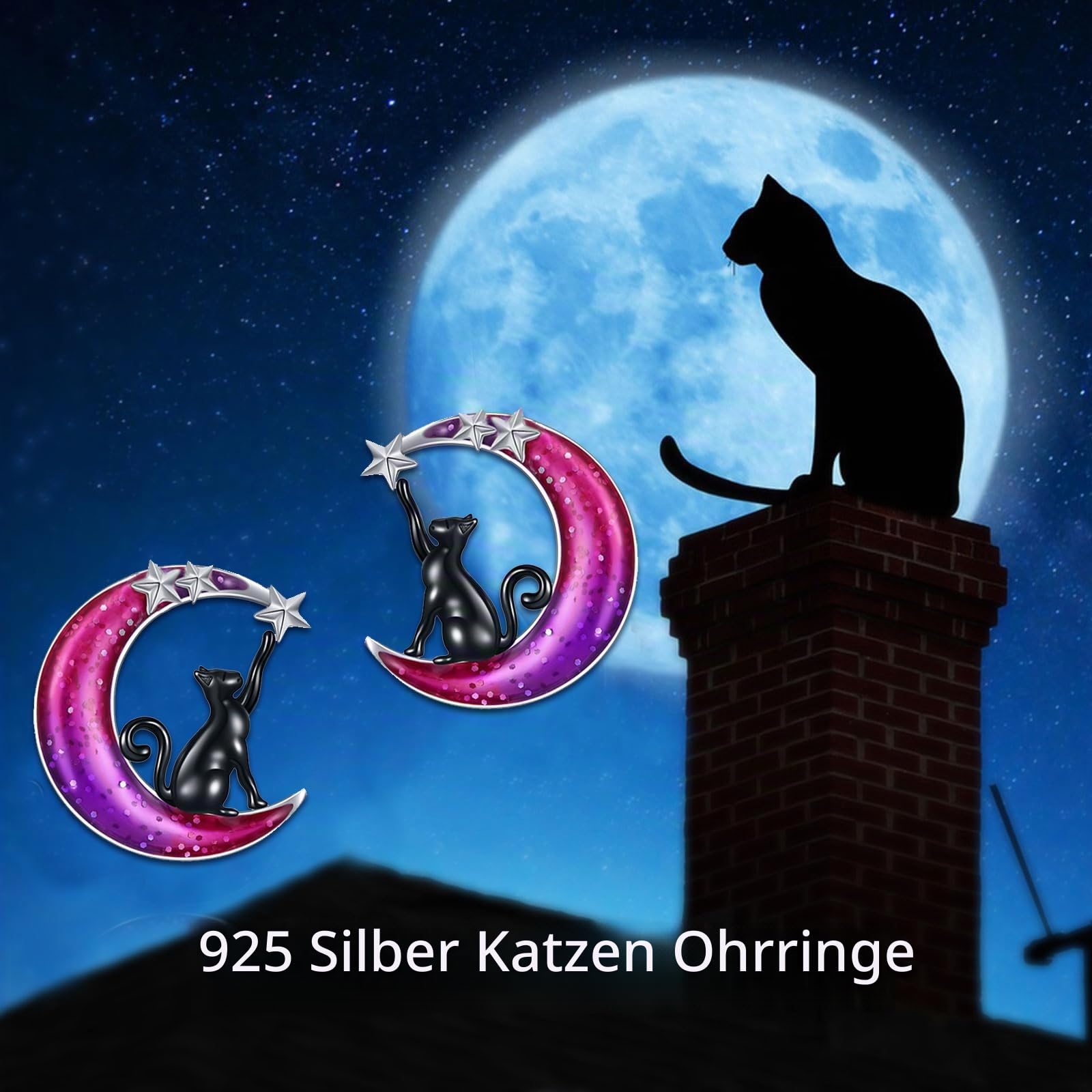POPLYKE Mond Ohrstecker Katze Ohrstecker für Damen 925 Sterling Silber Katze Ohrringe für Mädchen Mond Schmuck Geschenke