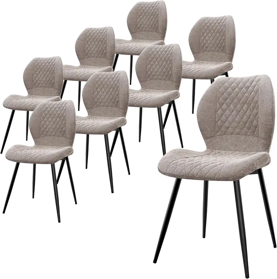 LEWE Lot de 8 Chaises de Salle à Manger en Lin, Style Quadrillé avec Pieds en Métal, Tapissées, Moderne, Chaises de Cuisine sans Bras pour Restaurant/Salon/Chambre à Coucher, [Marron]