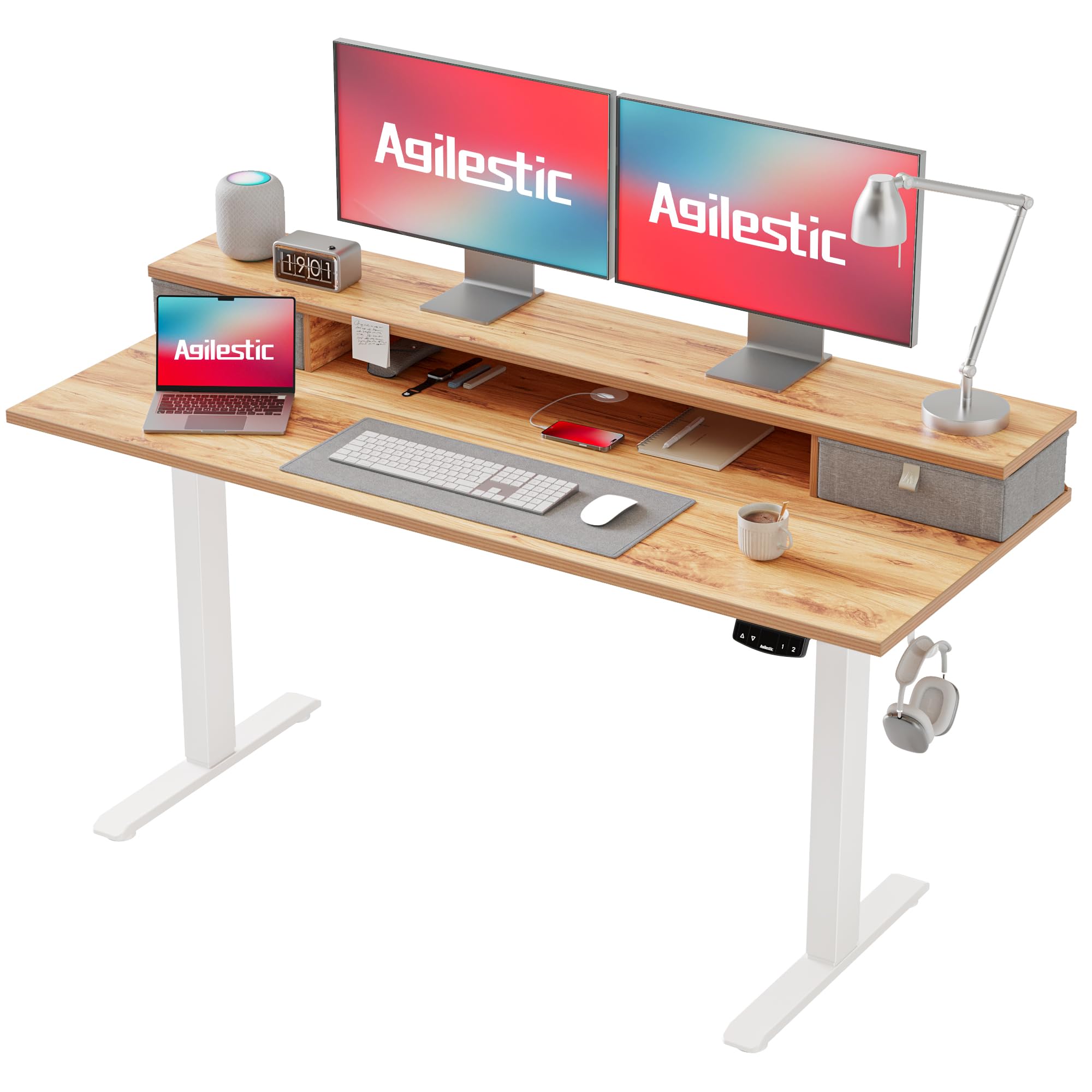 Agilestic 140 x 60 cm Escritorio Elevable Eléctrico con Dos cajones, con Control de Memoria y Tecnología Anticolisión, Marrón Claro