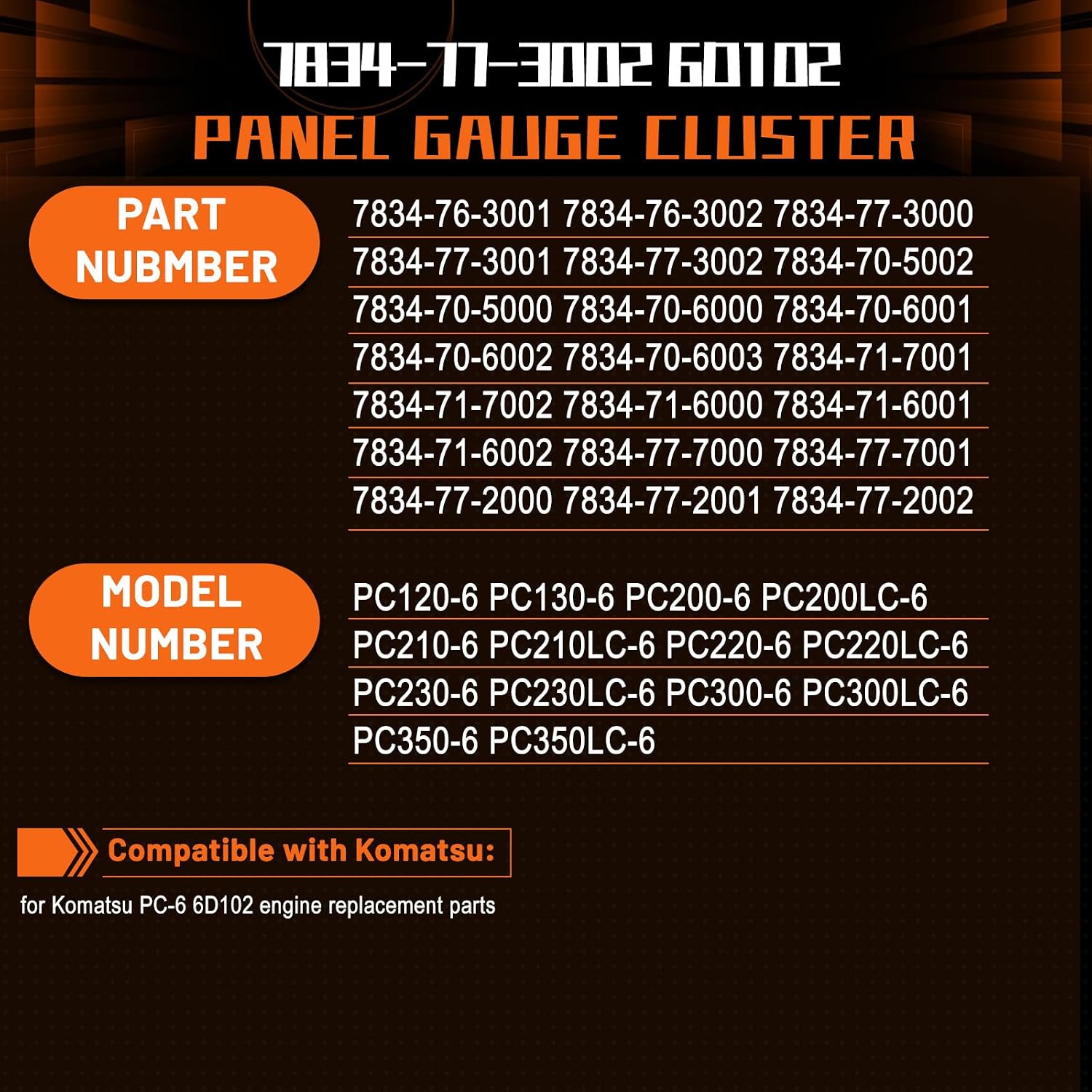 PANGOLIN 7834-77-3002 6D102 Monitor Display Panel Gauge Cluster for Komatsu PC120-6 PC130-6 PC200-6 Excavator Afteramrket Parts
