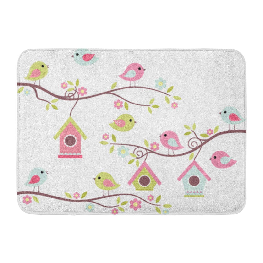 AoLismini Doormats Bath Rugs Outdoor/Indoor Door Mat Pink Kids Home Tweet Cute Birds on Branches Birdhouses Blue Pretty Girl Bathroom Decor Rug Bath Mat