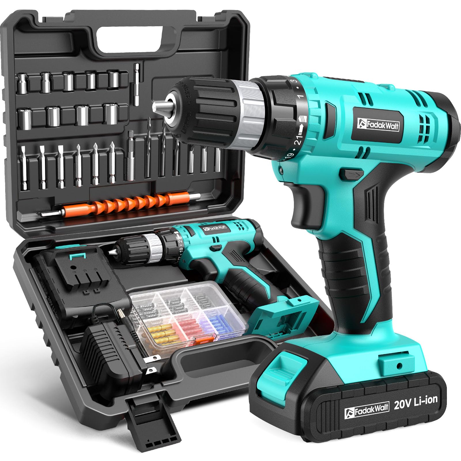 FADAKWALT Cordless Drill Set, 20V Electric Power Drill With Battery And Charger, 30N Torque, 21+1 Settings, 3/8-Inch Keyless Chuck, Driver Bits Kit, LED Light (Turquoise）