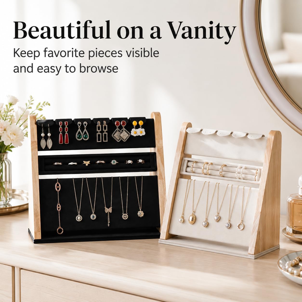 Jewelry Display Stand Set of 2 for Earrings Rings Necklaces, Black & White