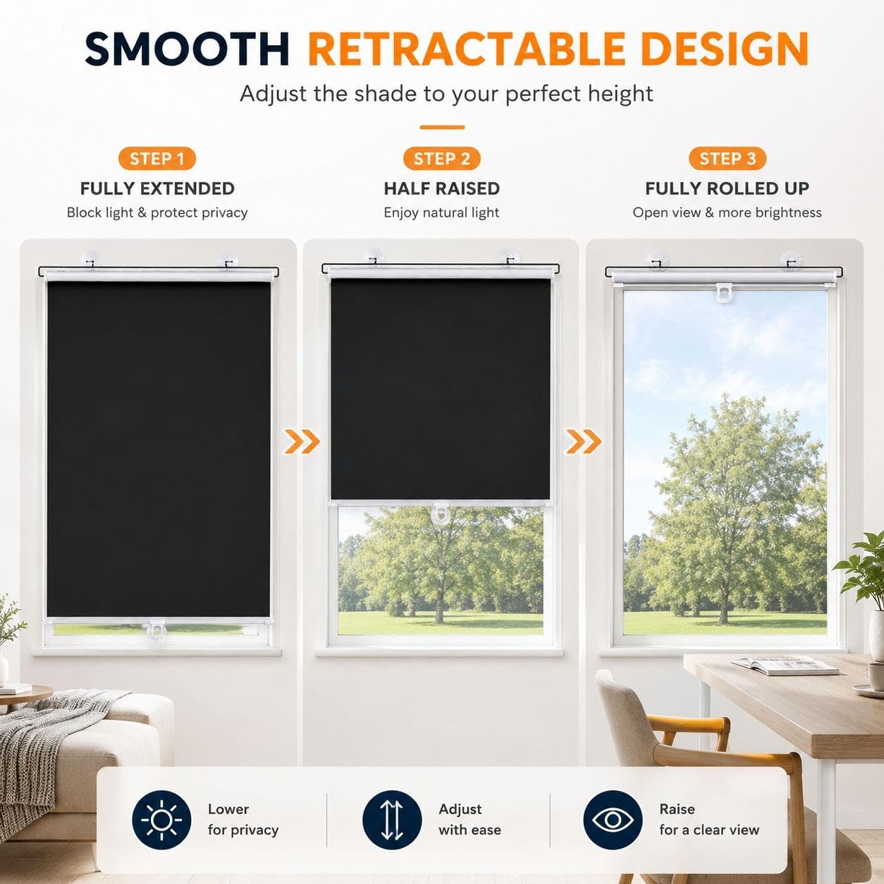 Tende a Rullo Retrattili per Finestre, Oscuranti in PVC con Ventose, Parasole Interno per Privacy, Camera da Letto, Cucina, Ufficio, Appartamento, Nero, Montaggio Rapido(W 75 x 60 cm)